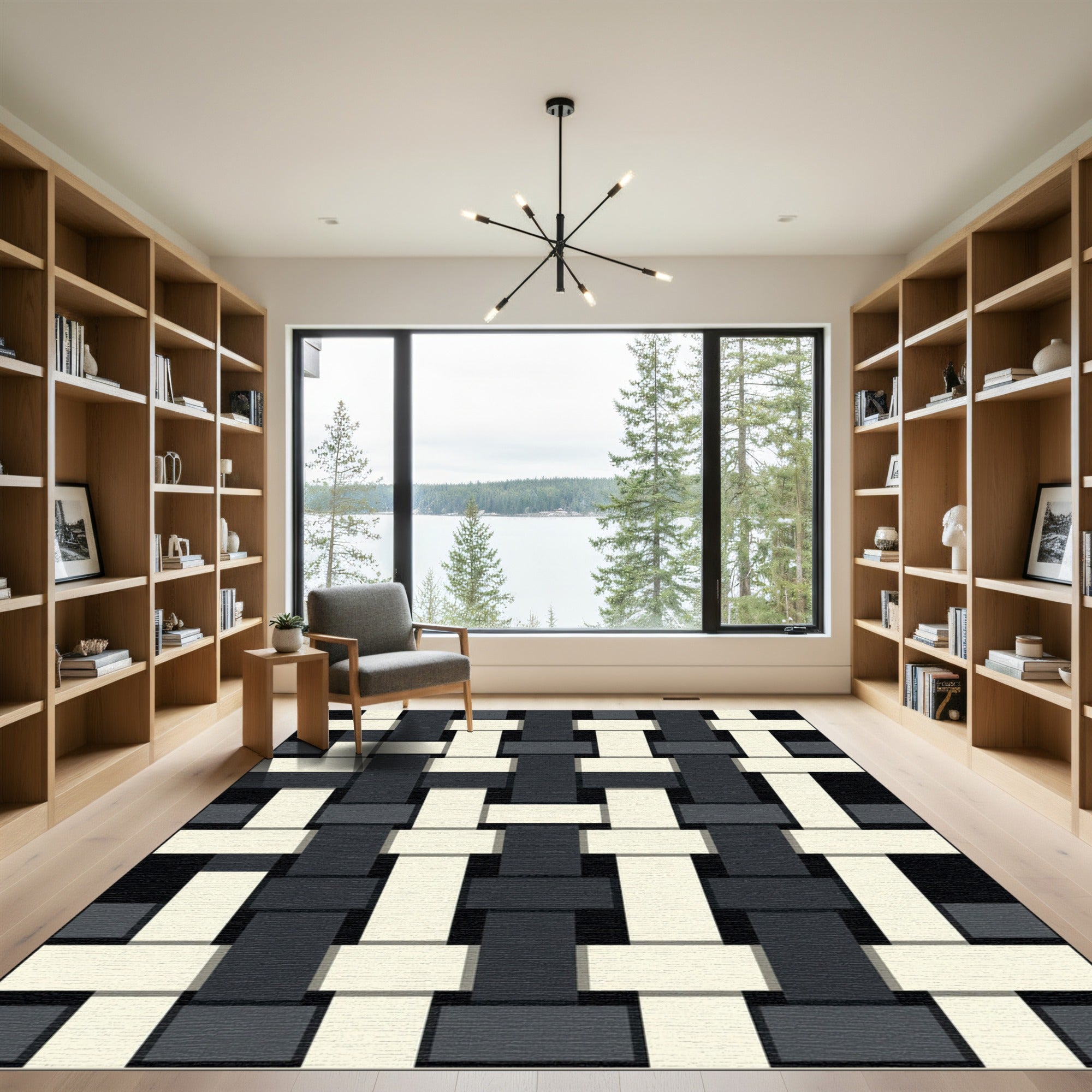 Modern Monochrome Interlocking Woven Grid Rug