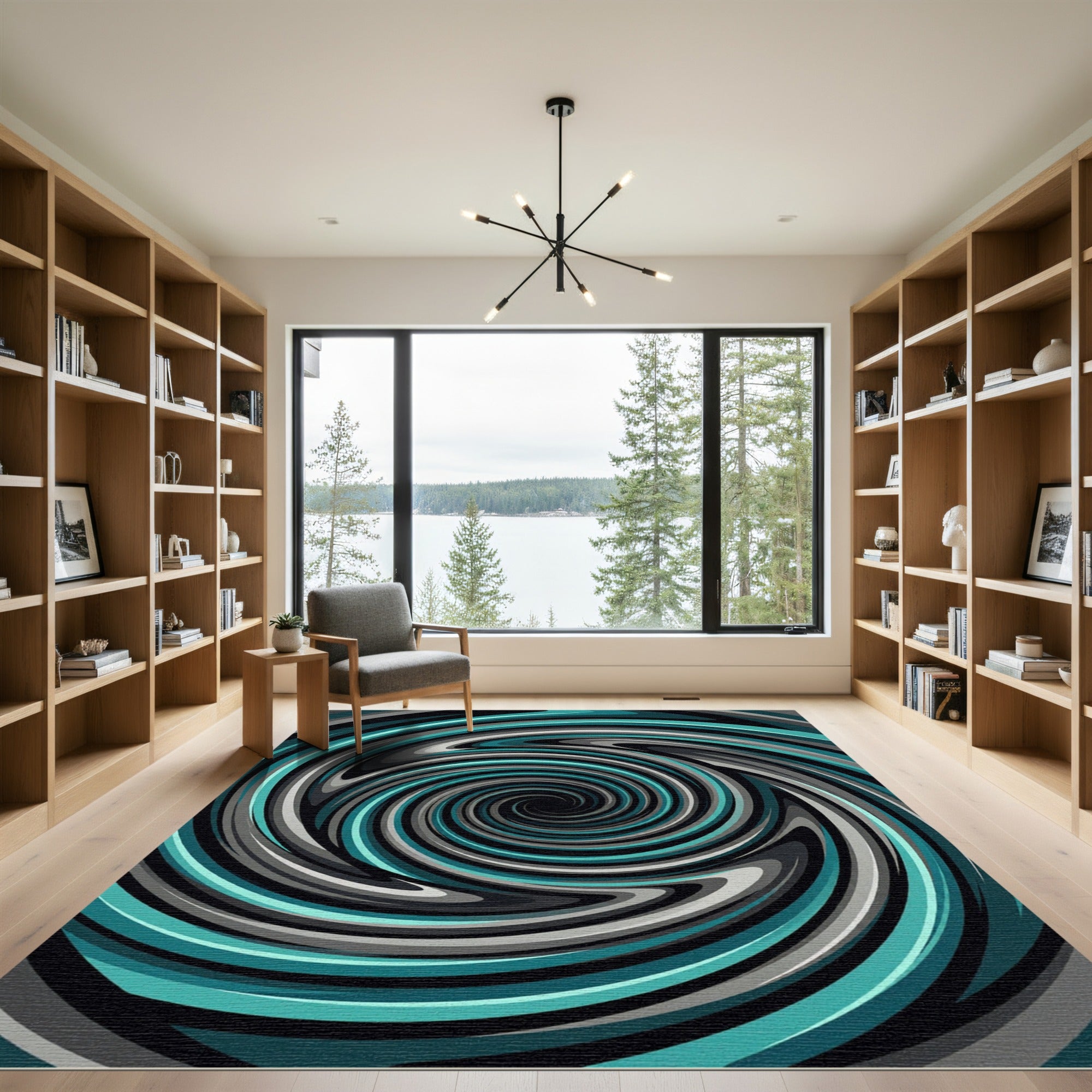 Modern Teal and Charcoal Swirl Rug