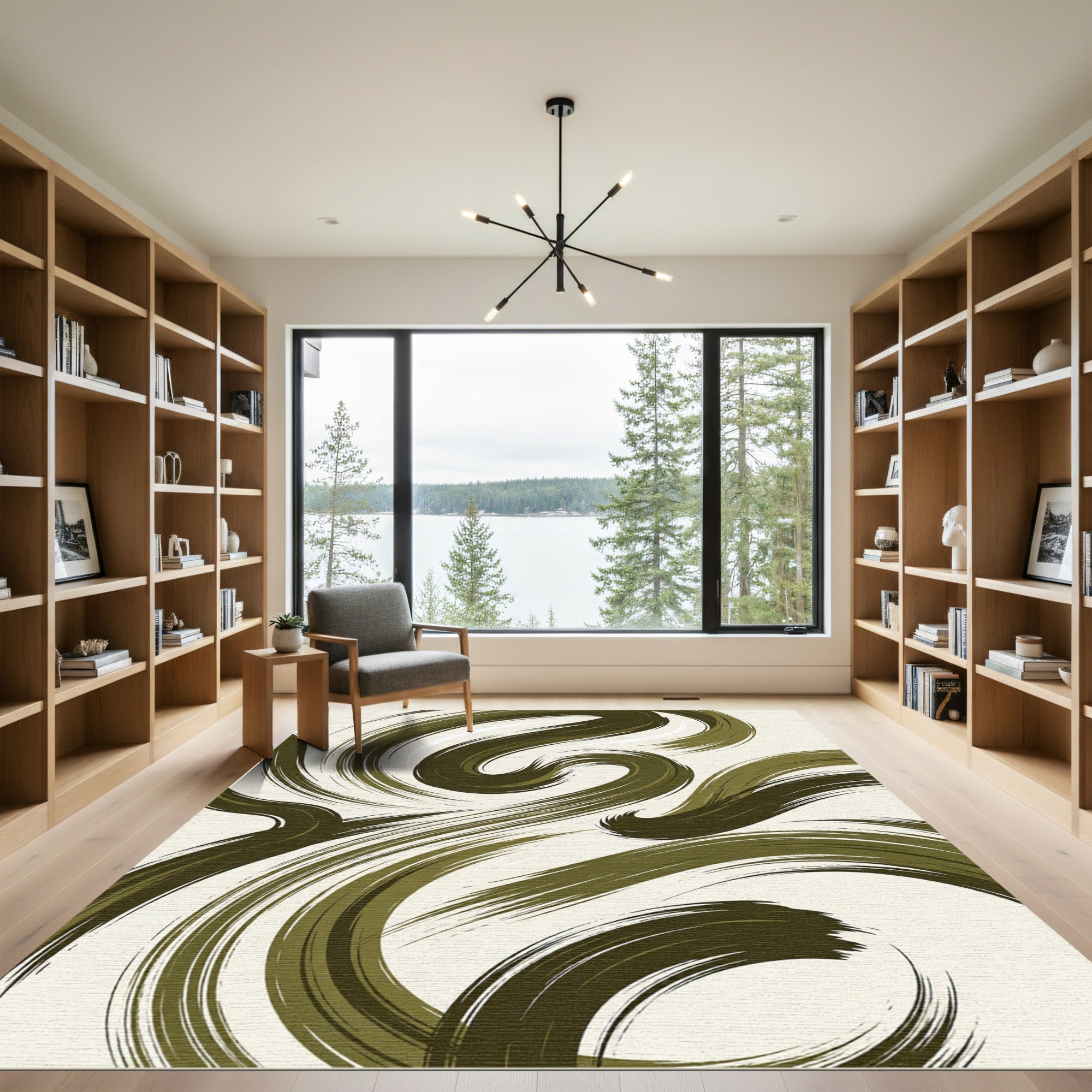 Modern Olive Abstract Flowing Curves Rug