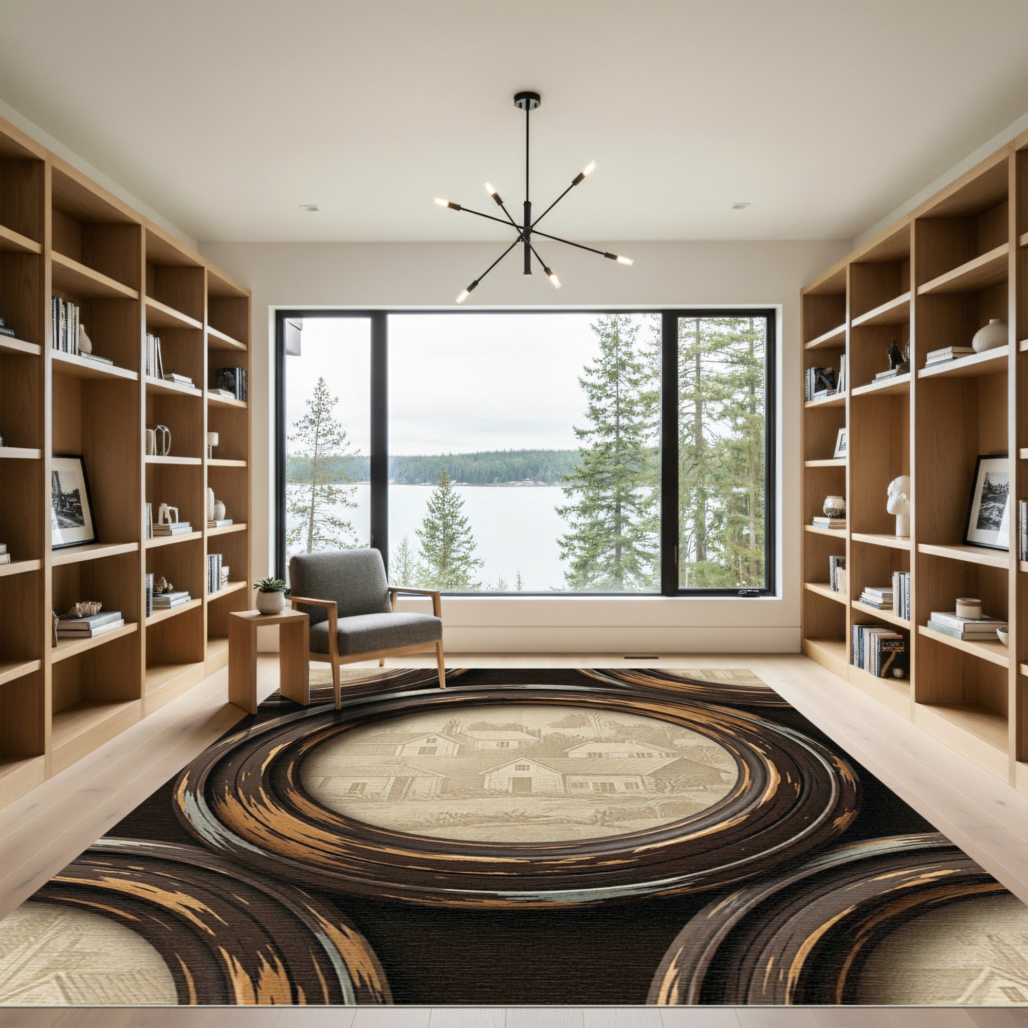 Rustic Farmhouse Village Round Frame Rug