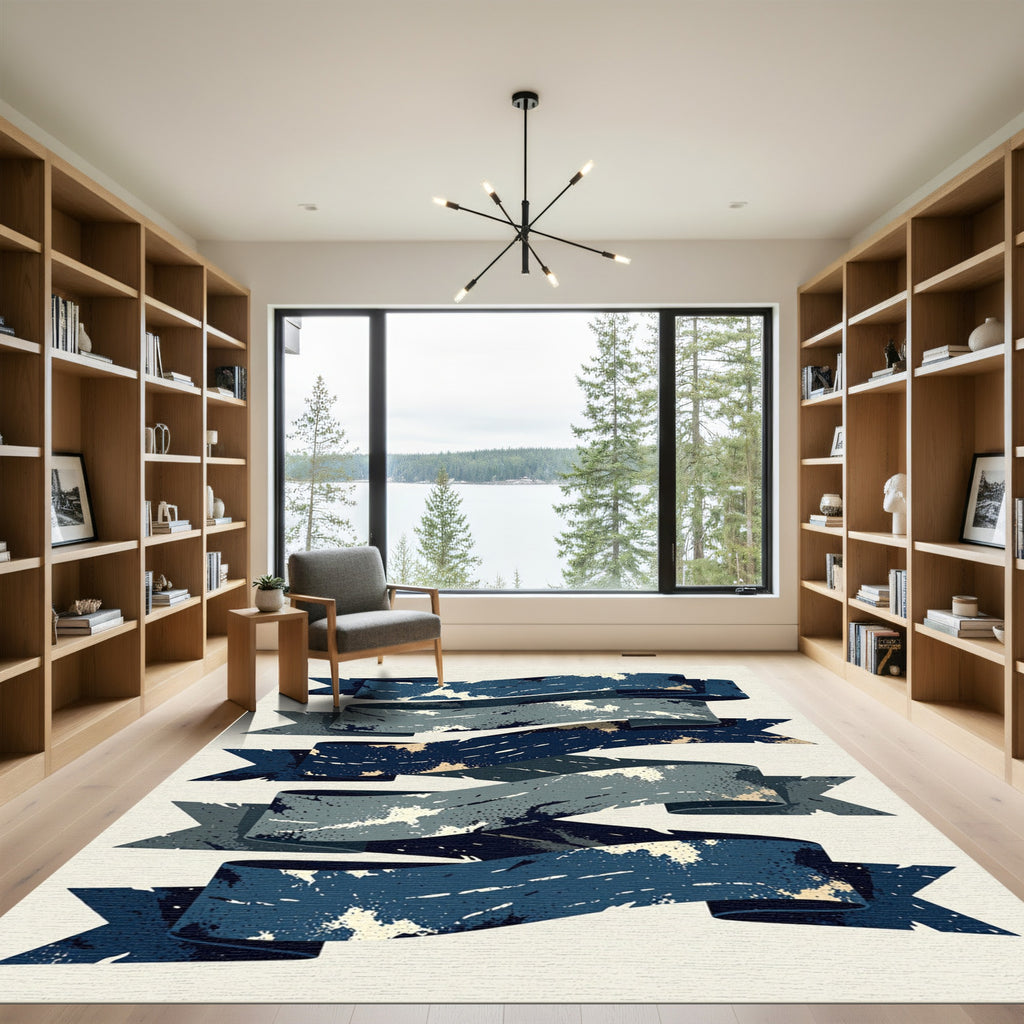 Distressed Navy Blue Wavy Ribbon Graphic Rug