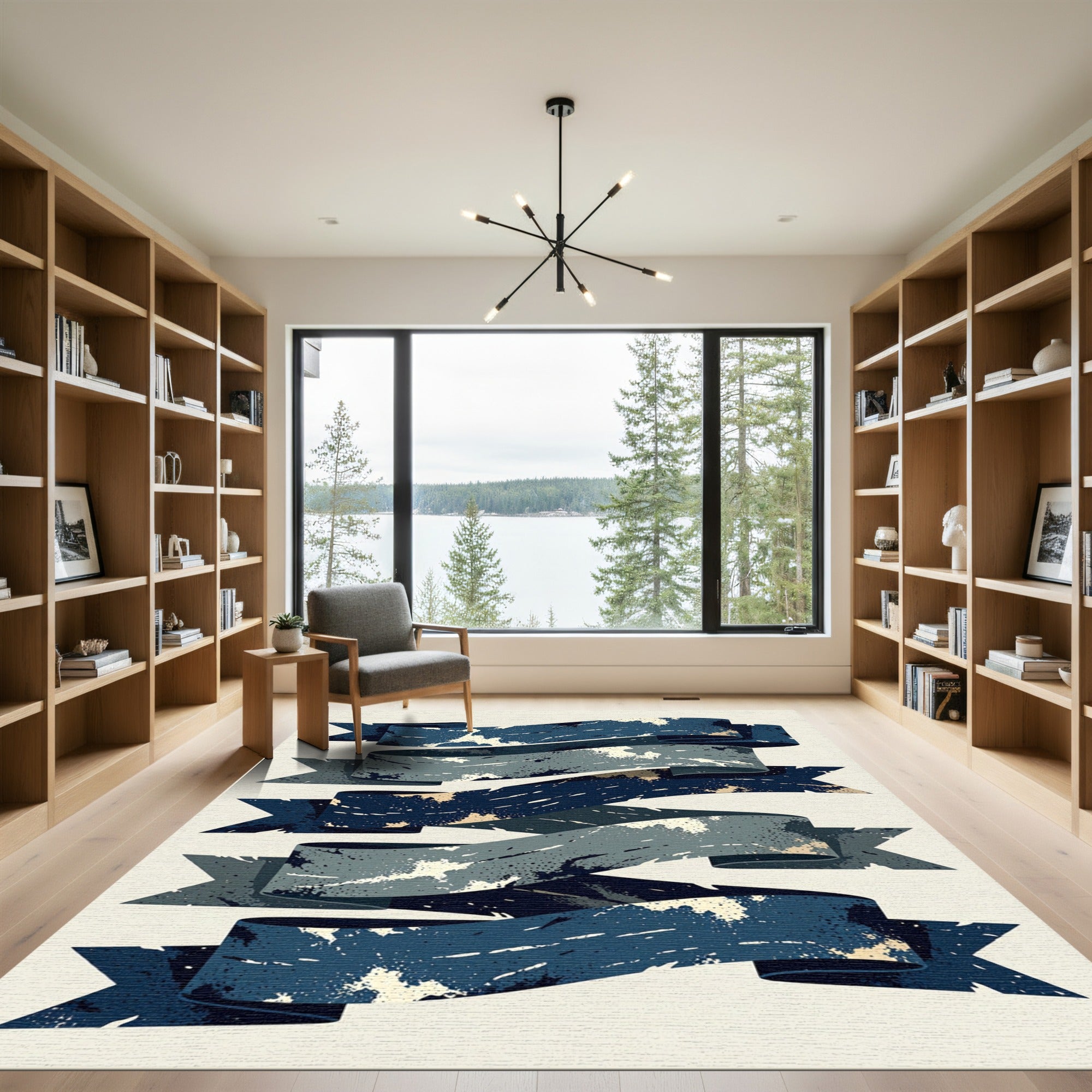 Distressed Navy Blue Wavy Ribbon Graphic Rug