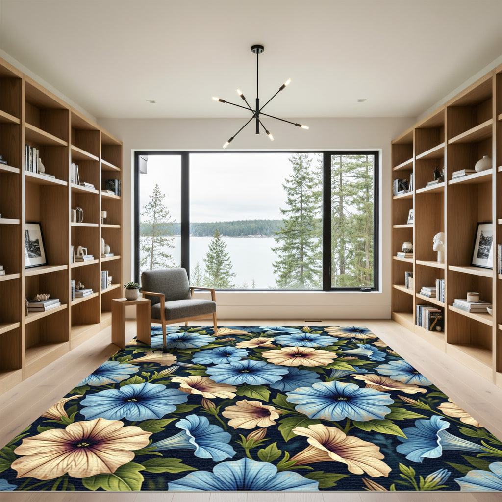 Vibrant Blue Cream Floral Garden Rug