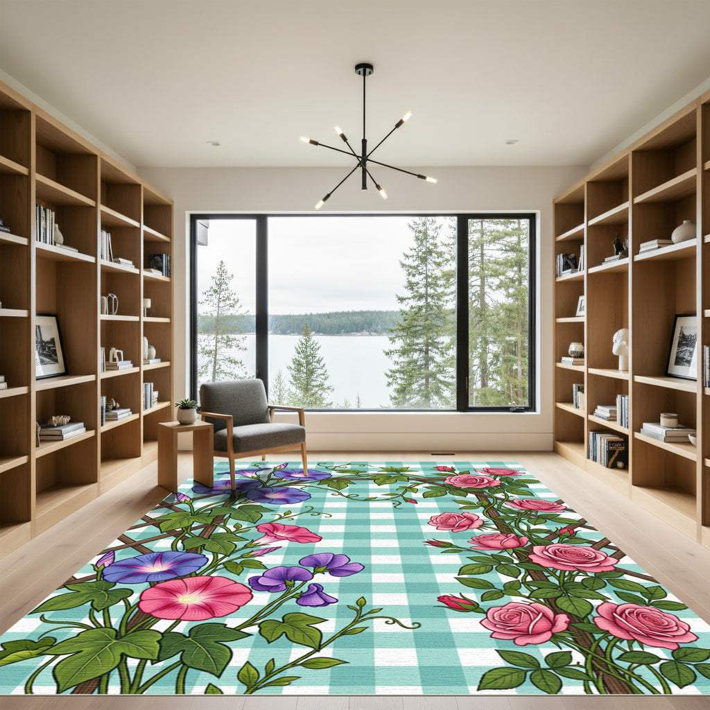 Blue Morning Glory and Pink Rose Trellis Rug