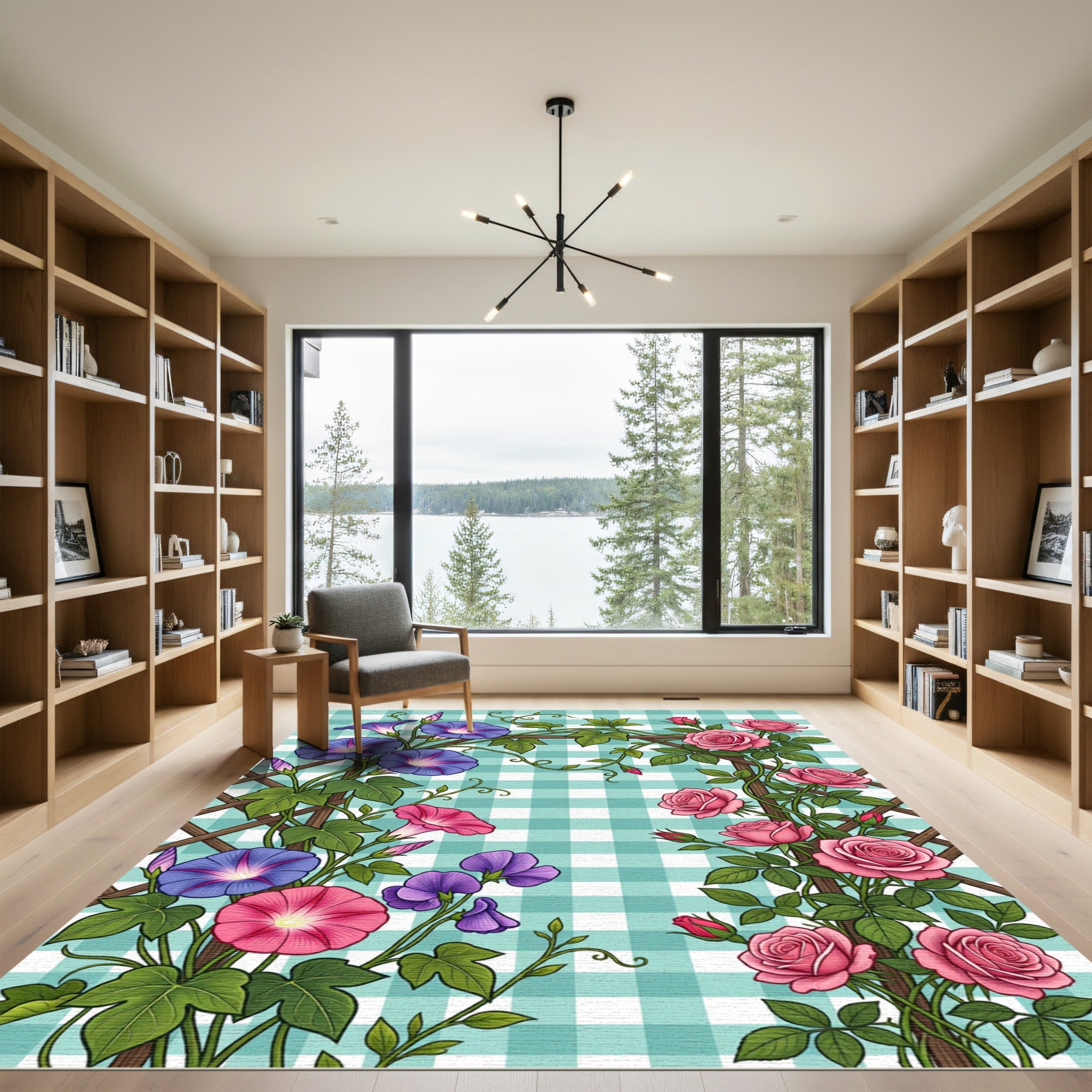 Blue Morning Glory and Pink Rose Trellis Rug
