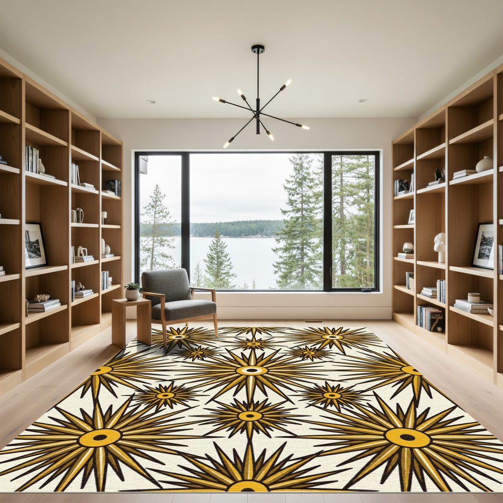 Golden Sunburst Radiating Starburst Pattern Rug