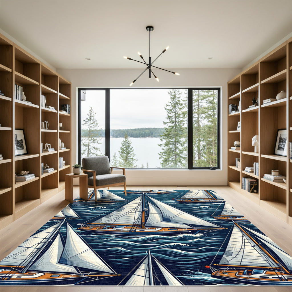 Nautical Blue Sailing Yachts Ocean Scene Rug