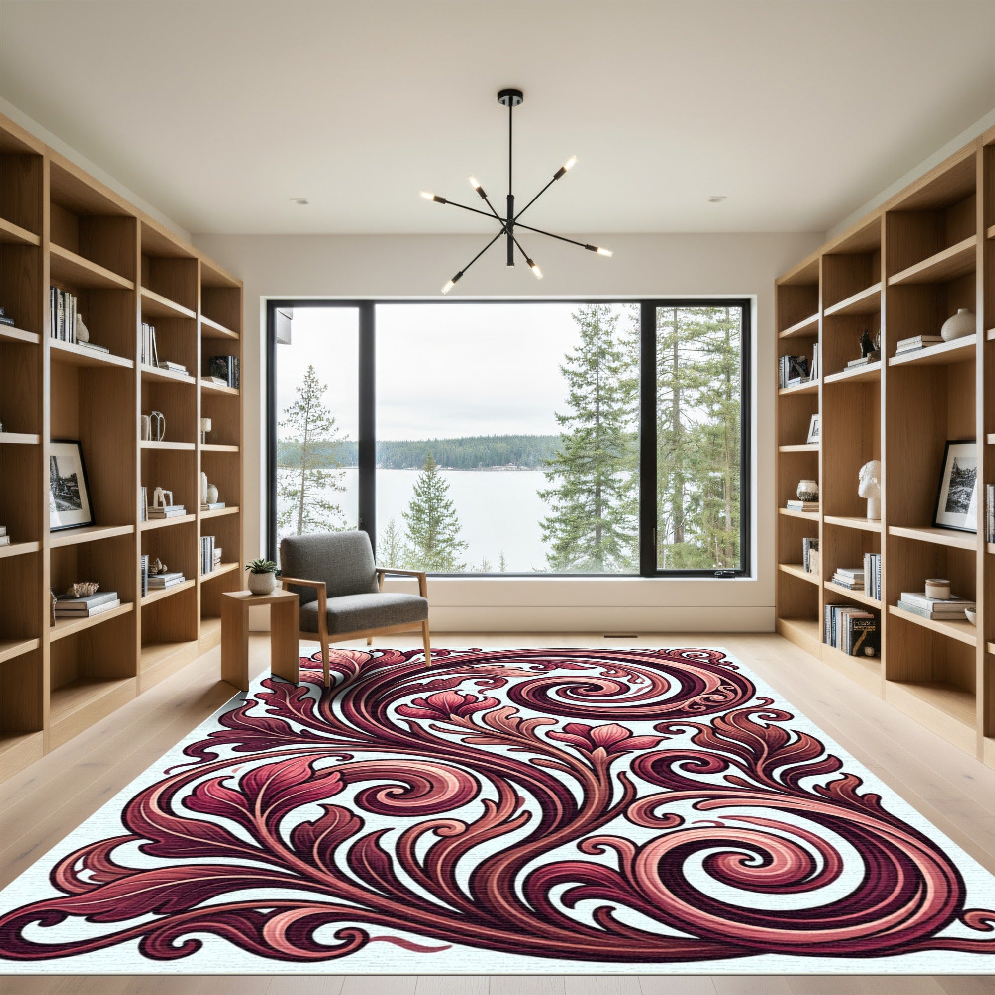 Crimson Blush Floral Swirl Ornament Rug