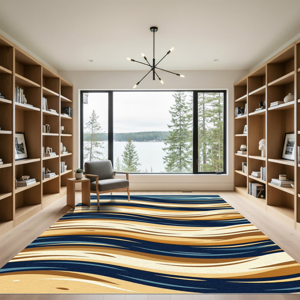 Abstract Navy and Amber Wave Rug