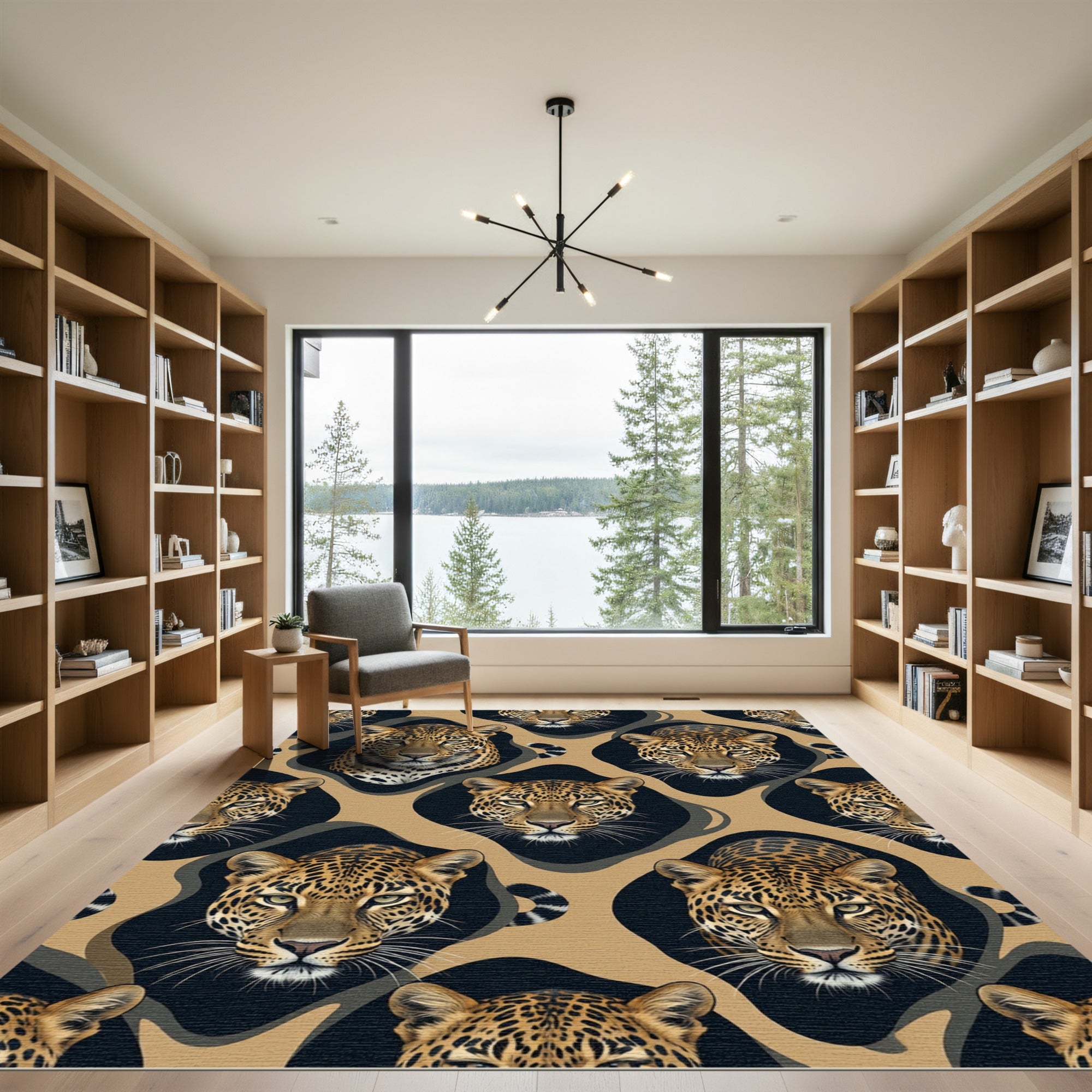 Golden Leopard Face Geometric Tan Rug