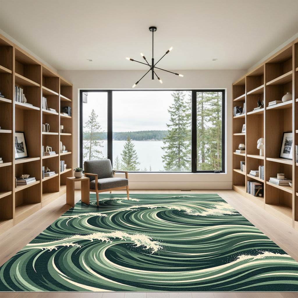 Ethereal Green Ocean Wave Swirls Rug