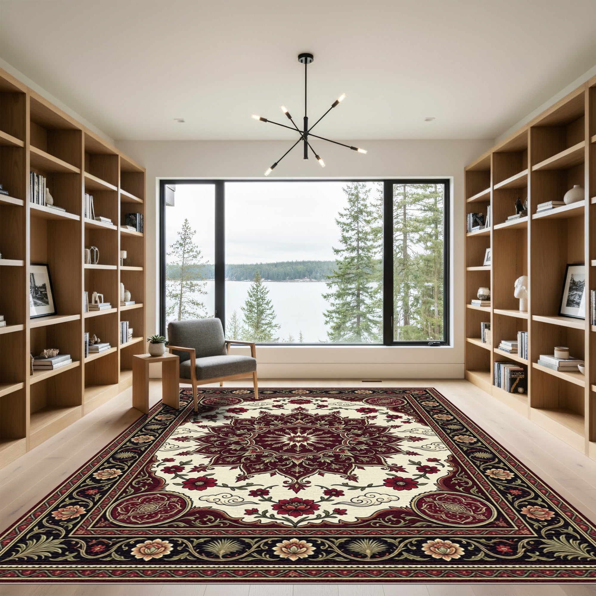 Deep Crimson Floral Medallion Border Rug