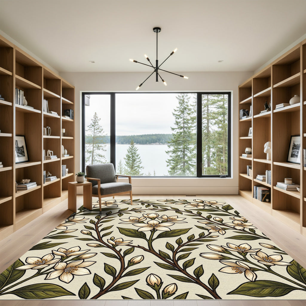 Cream White Floral Botanical Branches Rug