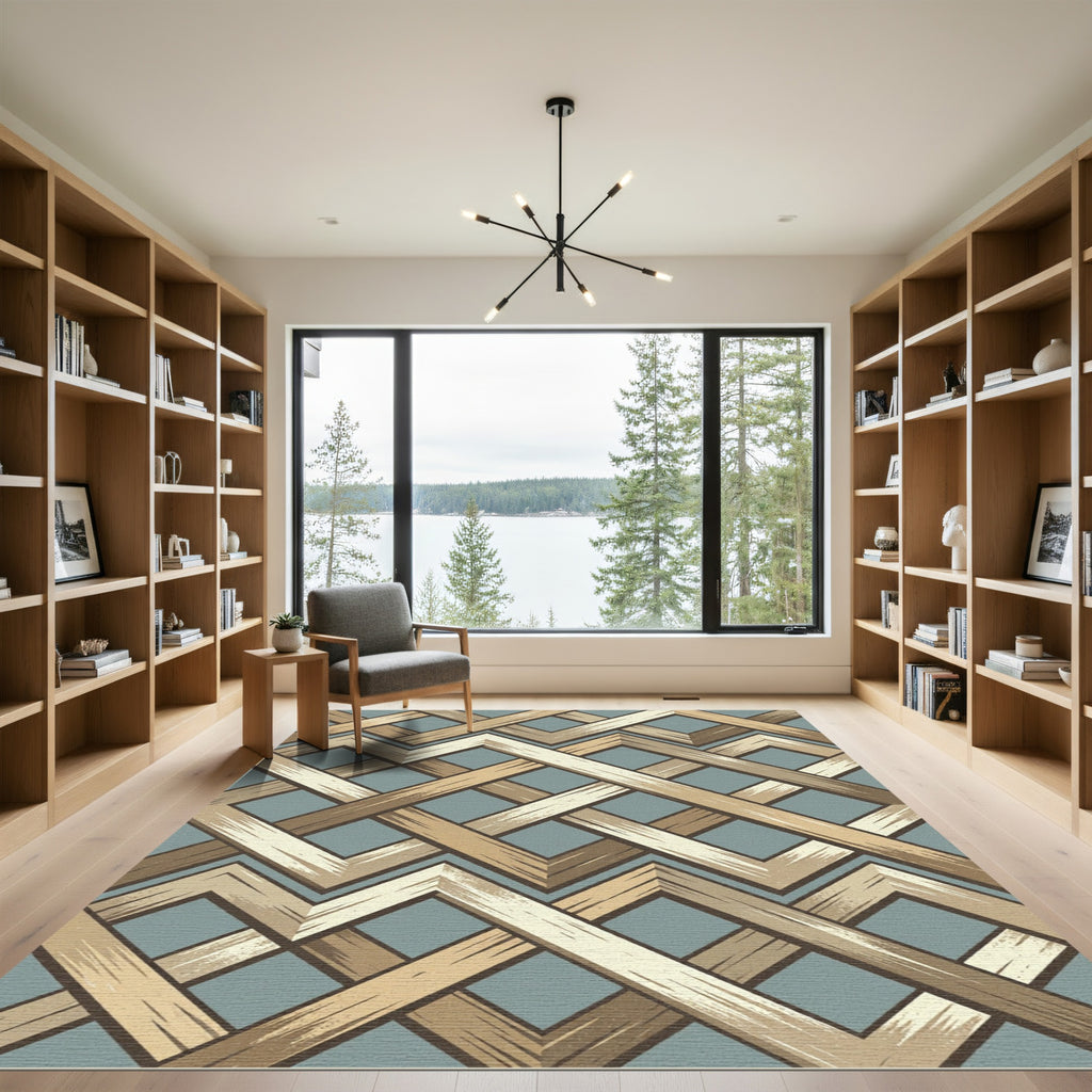 Modern Light Blue Interlocking Wood Chevron Rug