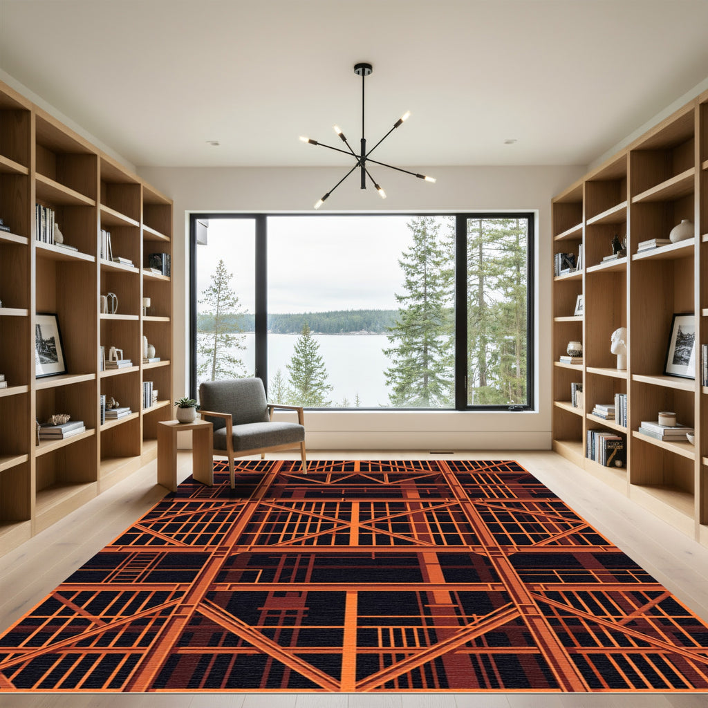 Orange Industrial Geometric Steel Structure Rug