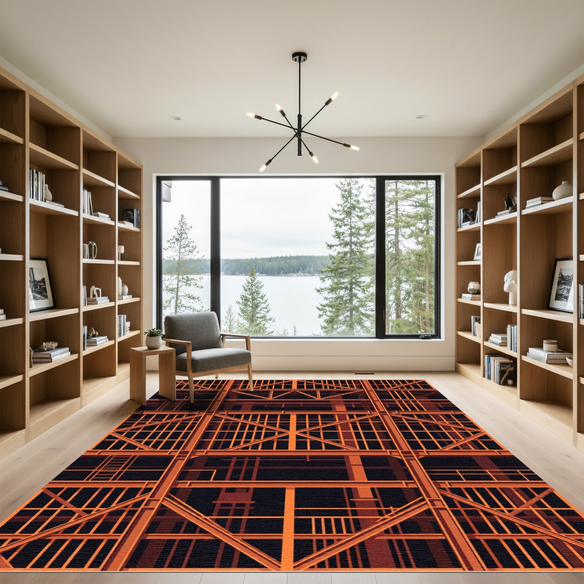 Orange Industrial Geometric Steel Structure Rug