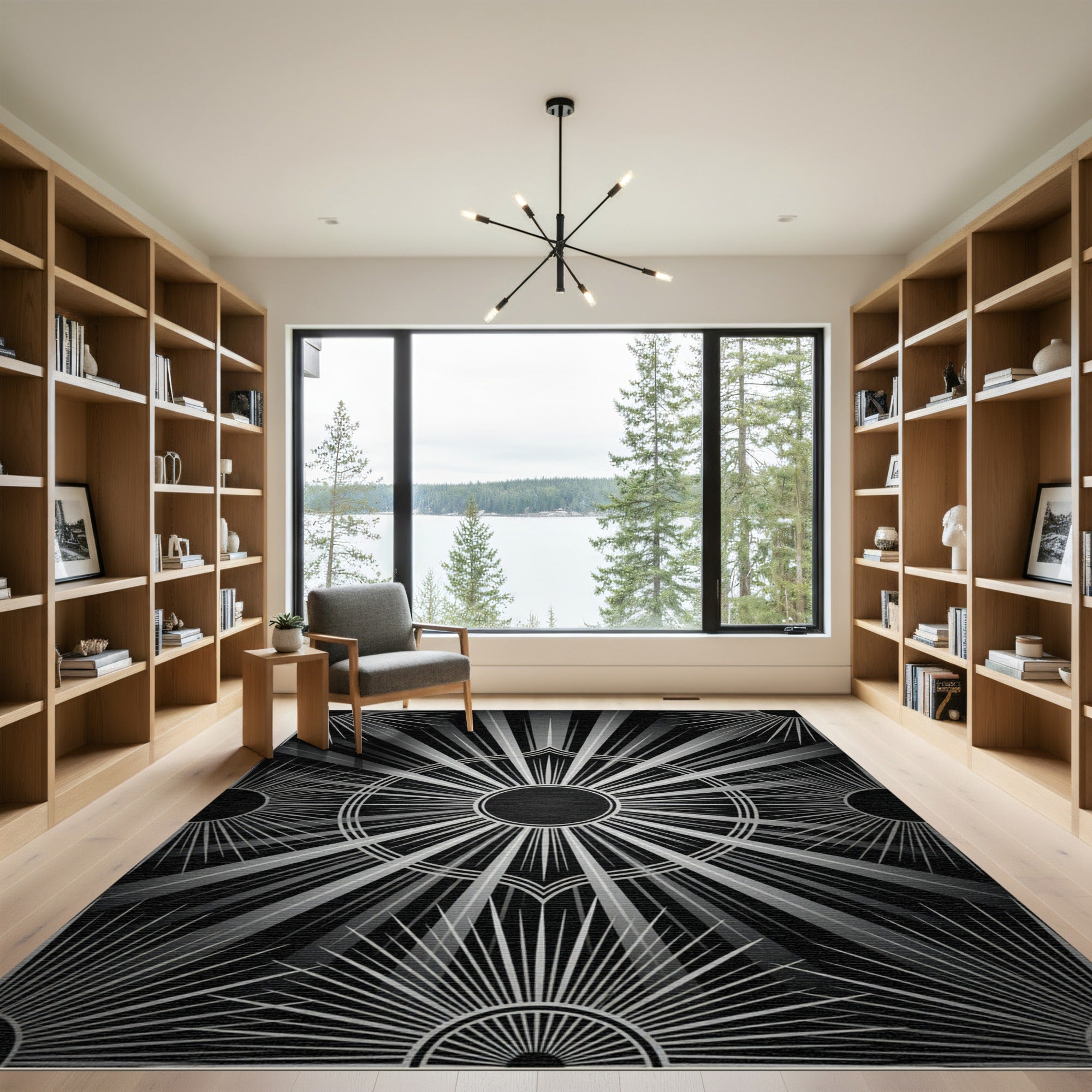 Monochromatic Sunburst Art Deco Geometric Rug