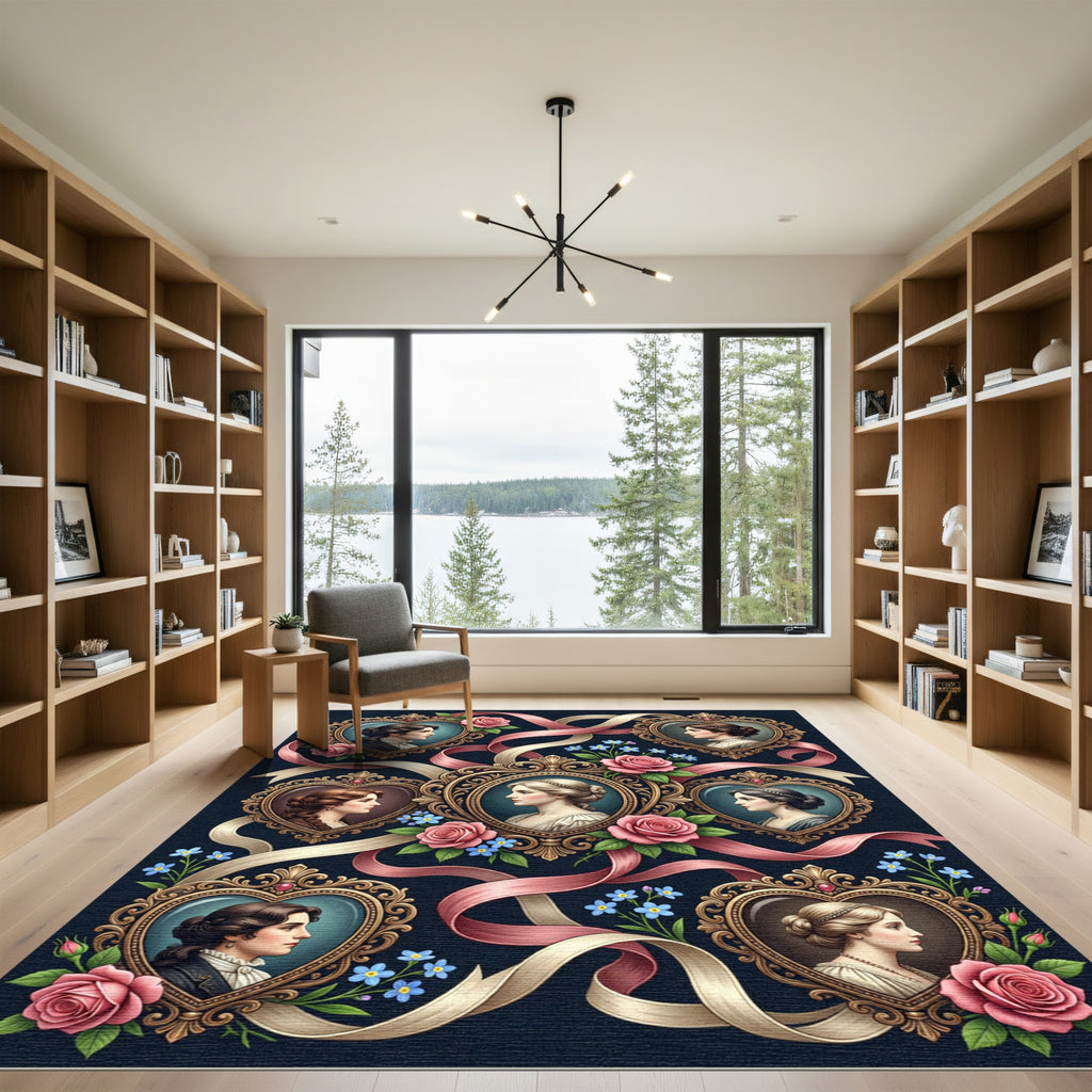 Victorian Portraits Pink Roses Ribbons Rug