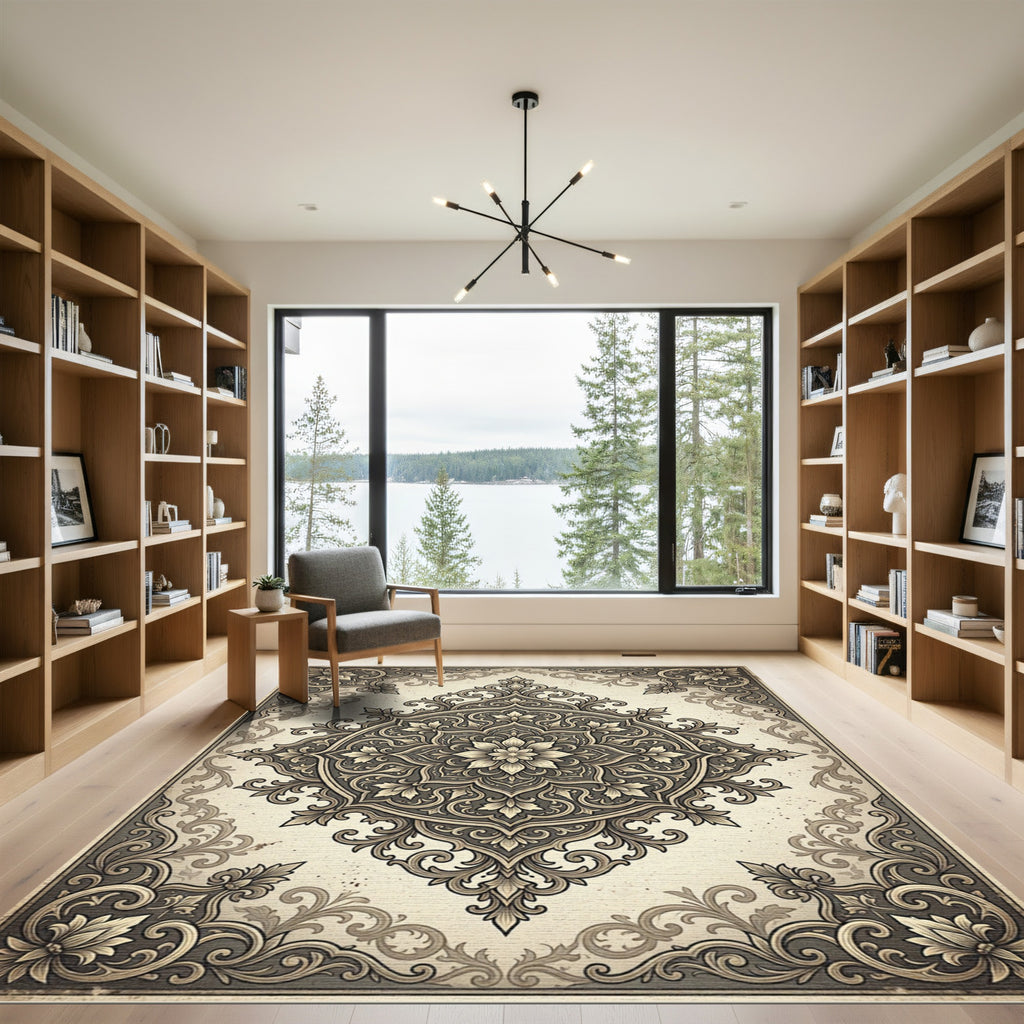 Ornate Taupe Floral Damask Medallion Rug