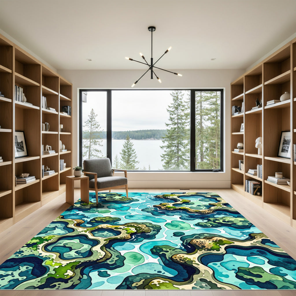 Coastal Teal Abstract Reef Shoreline Rug