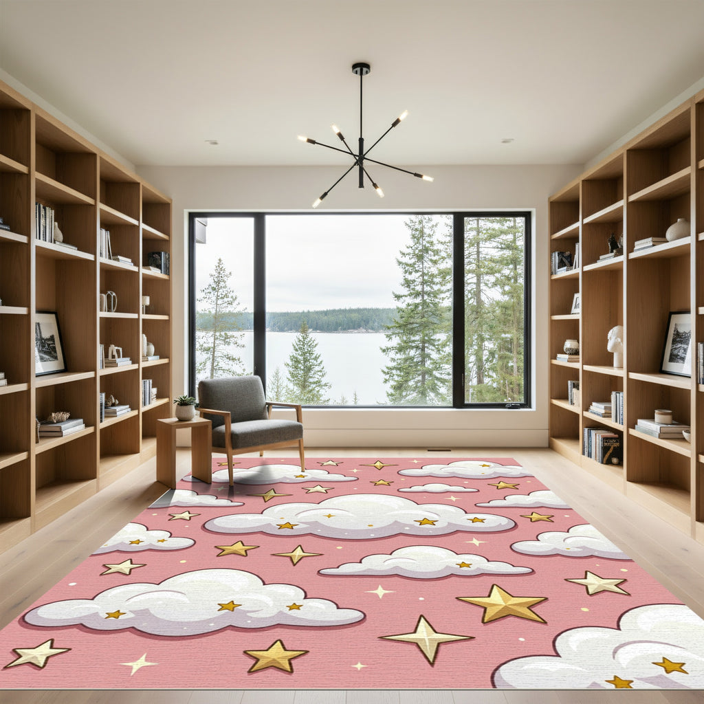 Whimsical Blush Pink Golden Starry Cloud Rug