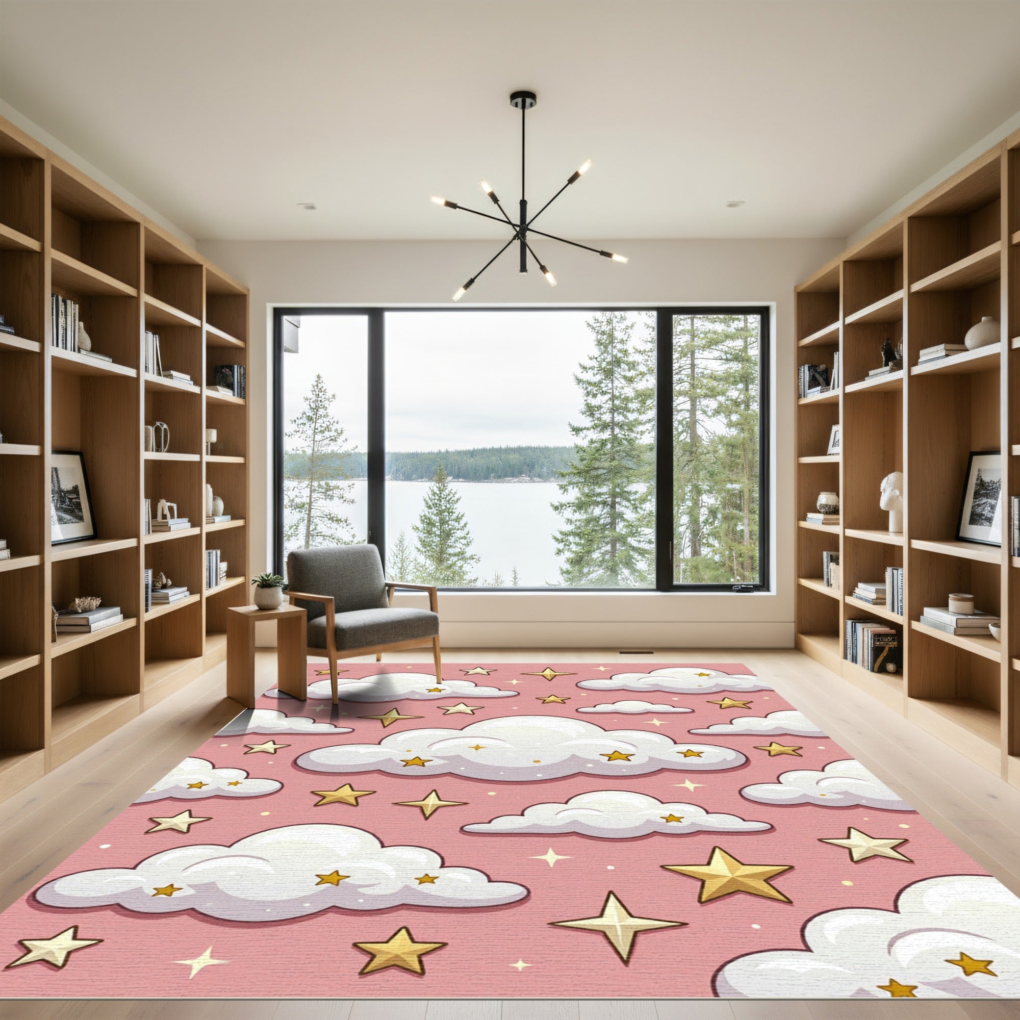 Whimsical Blush Pink Golden Starry Cloud Rug