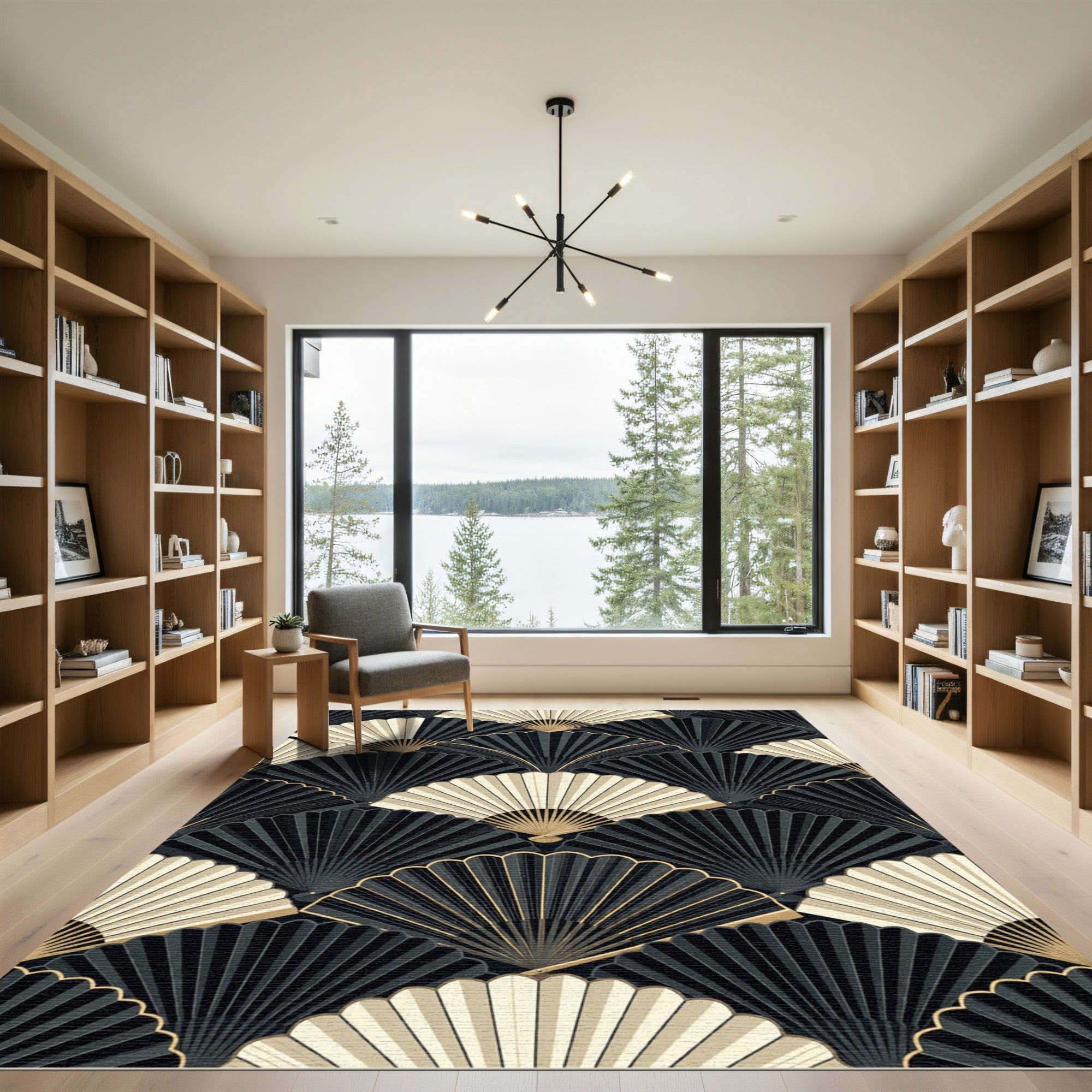 Sophisticated Black and Gold Fan Art Deco Rug