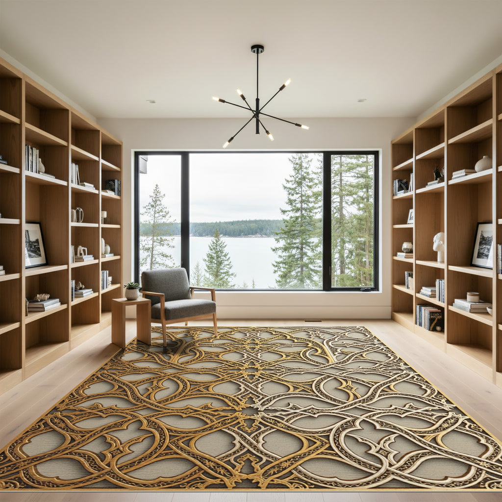 Gold And Silver Intertwined Geometric Lattice Rug