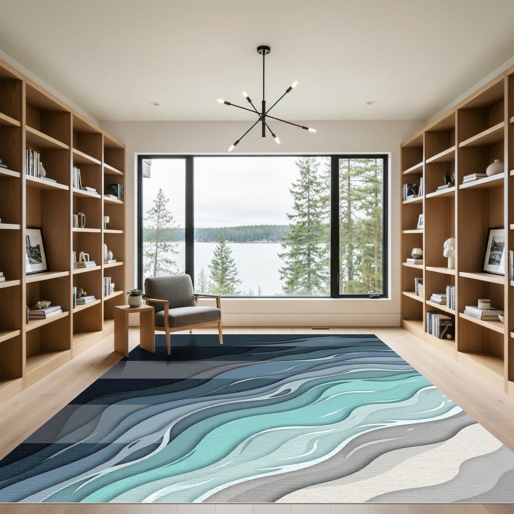 Abstract Teal Wave Layered Tones Rug