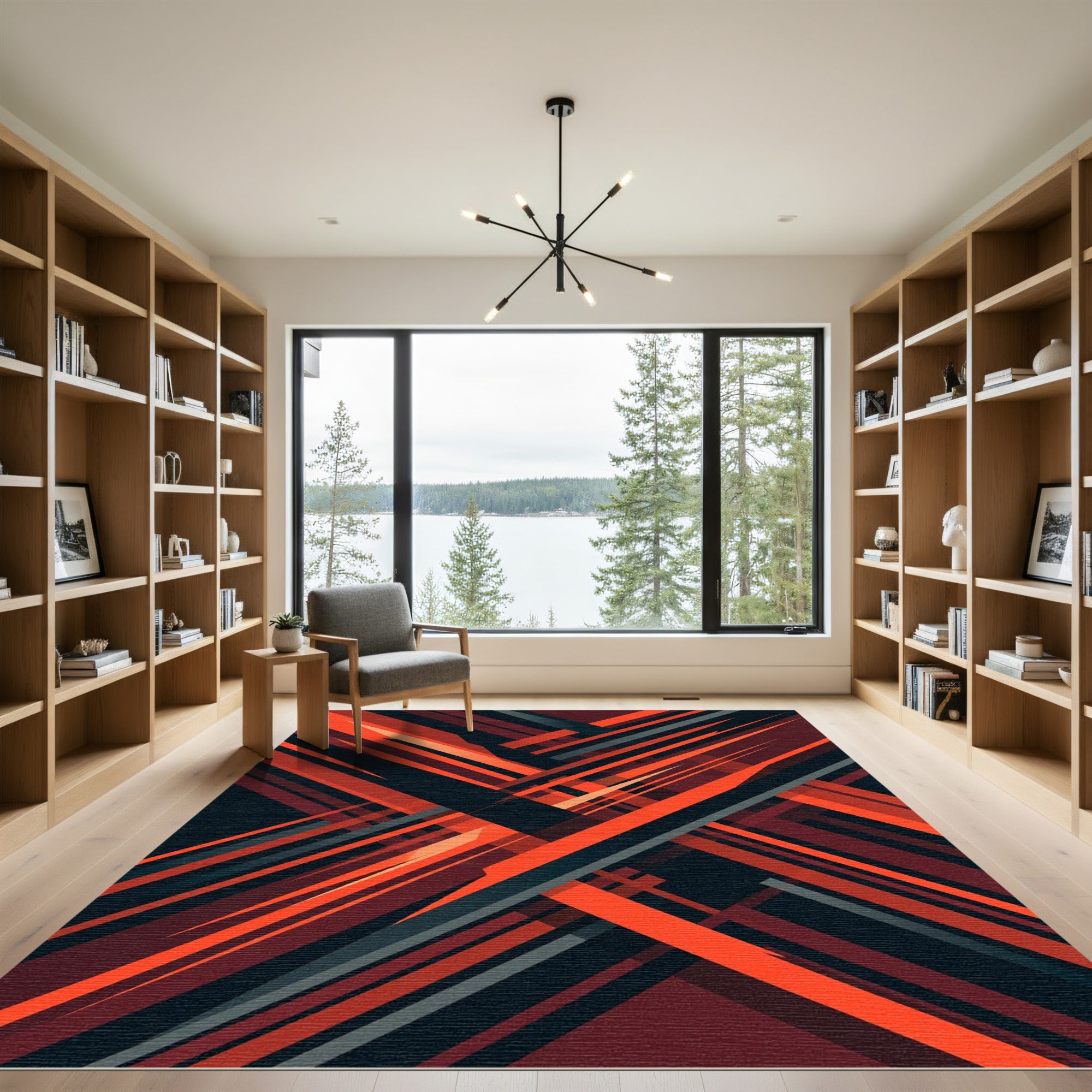Modern Abstract Crimson Sharp Angular Linear Rug