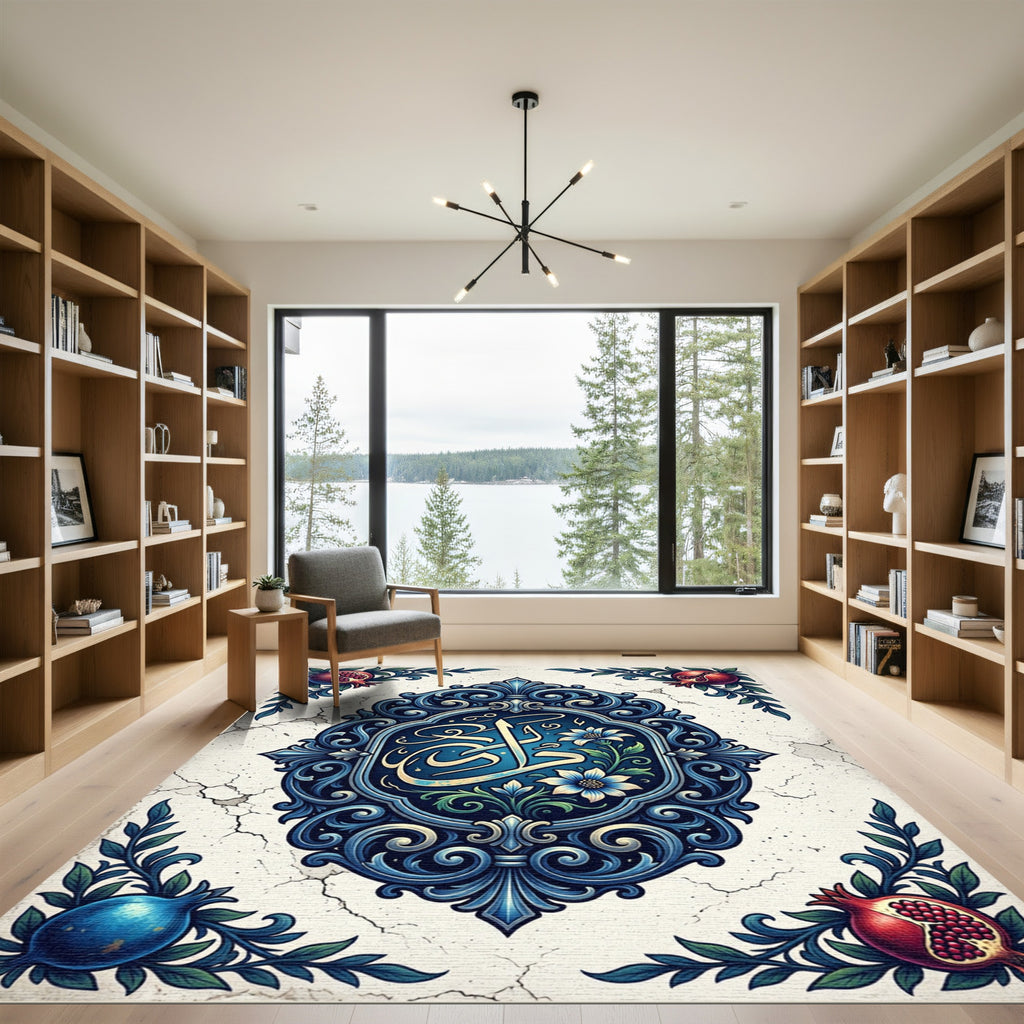Ornate Blue Pomegranate Floral Emblem Rug