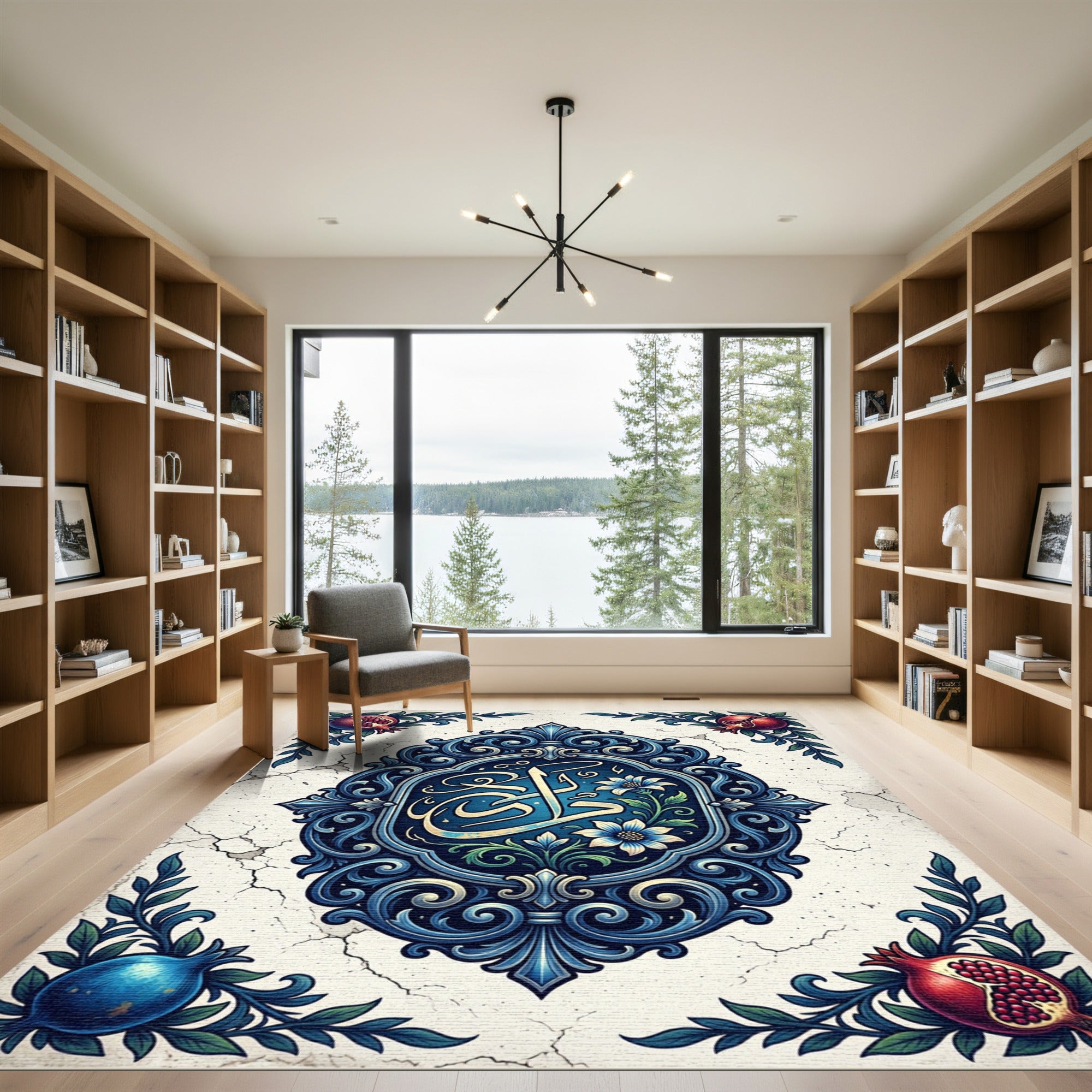 Ornate Blue Pomegranate Floral Emblem Rug