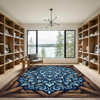 Blue Floral Ornamental Symmetry Wood Frame Rug