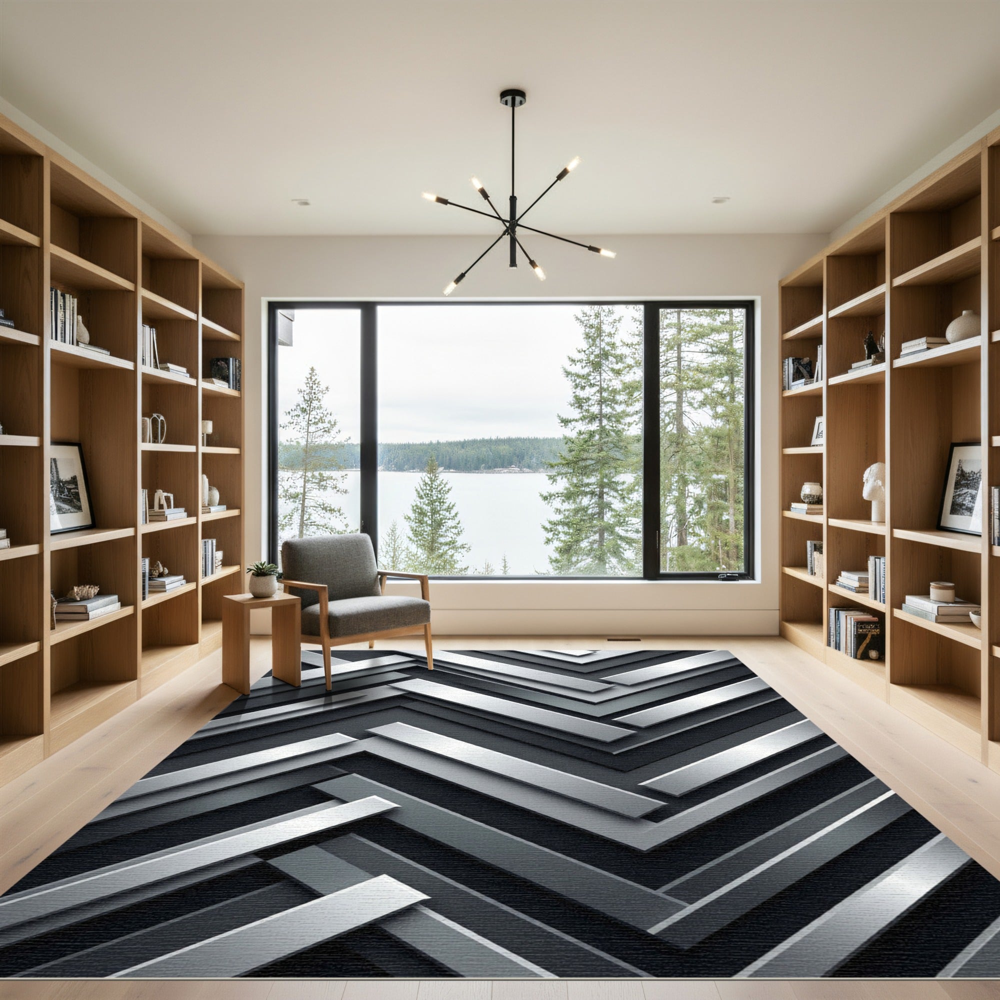 Modern Metallic Silver Chevron Stripe Rug