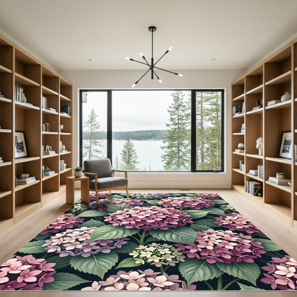 Lush Pink Hydrangea Botanical Floral Garden Rug