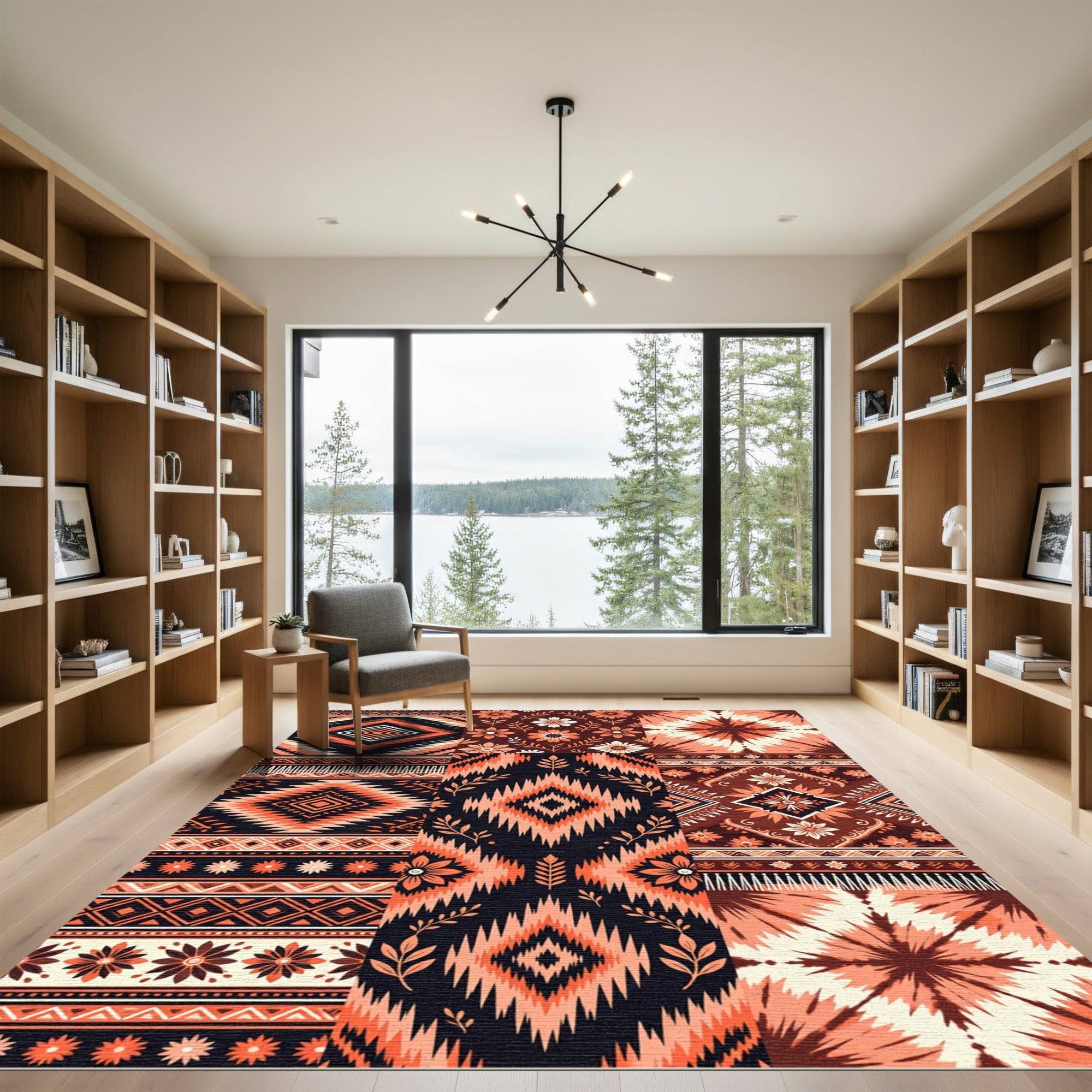 Coral Black Tribal Floral Patchwork Collage Rug