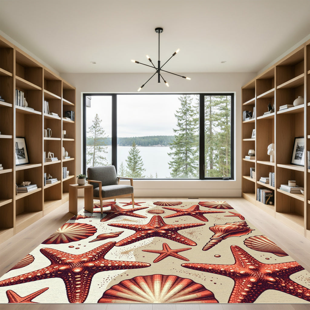 Coastal Red Starfish and Seashell Coral Rug
