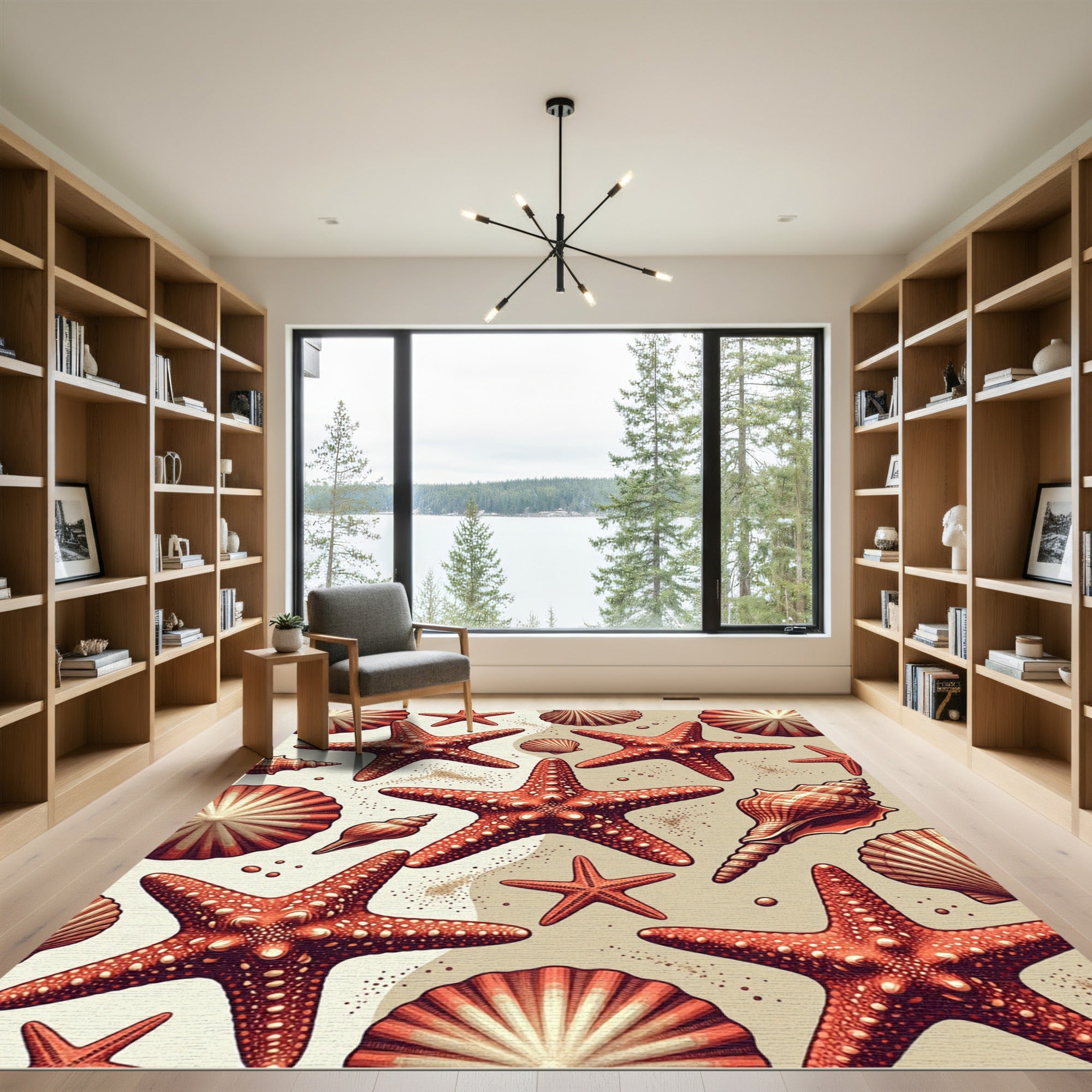 Coastal Red Starfish and Seashell Coral Rug