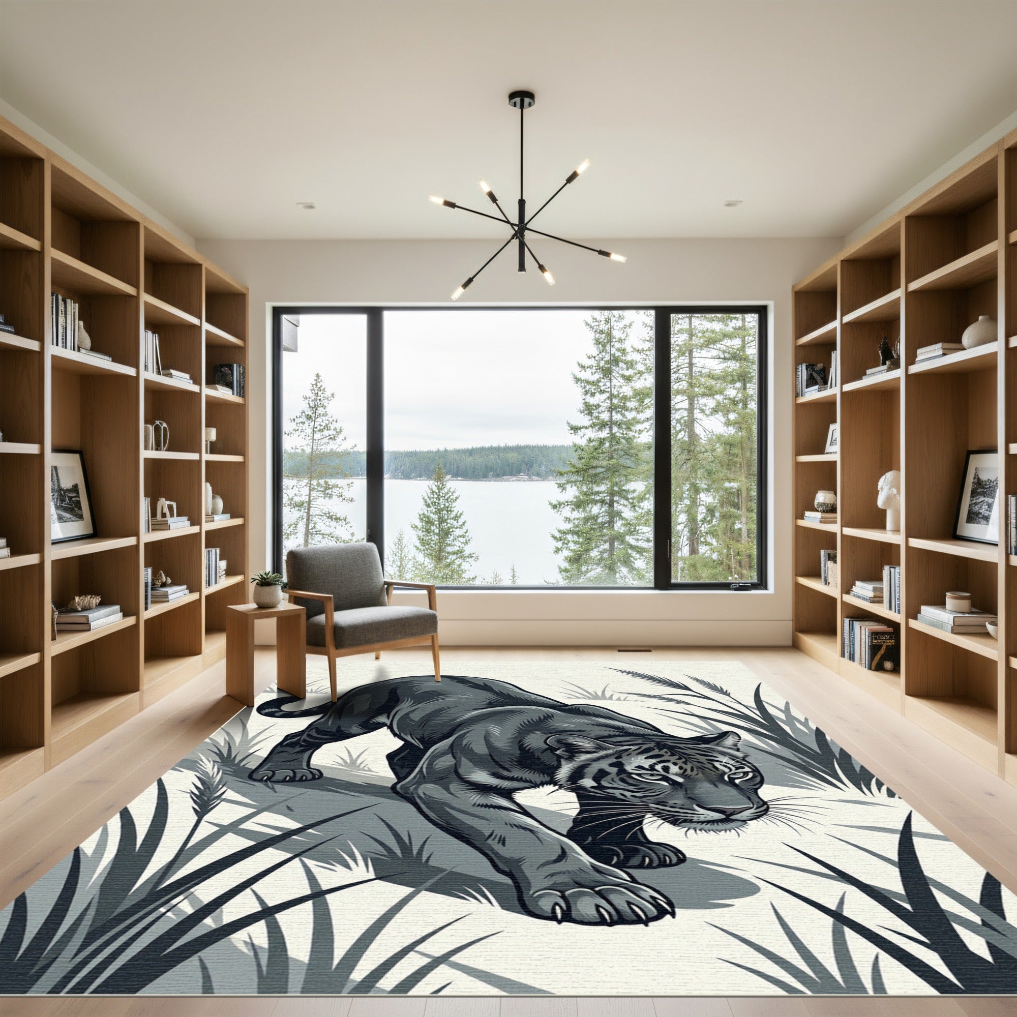 Monochromatic Prowling Panther Jungle Graphic Rug