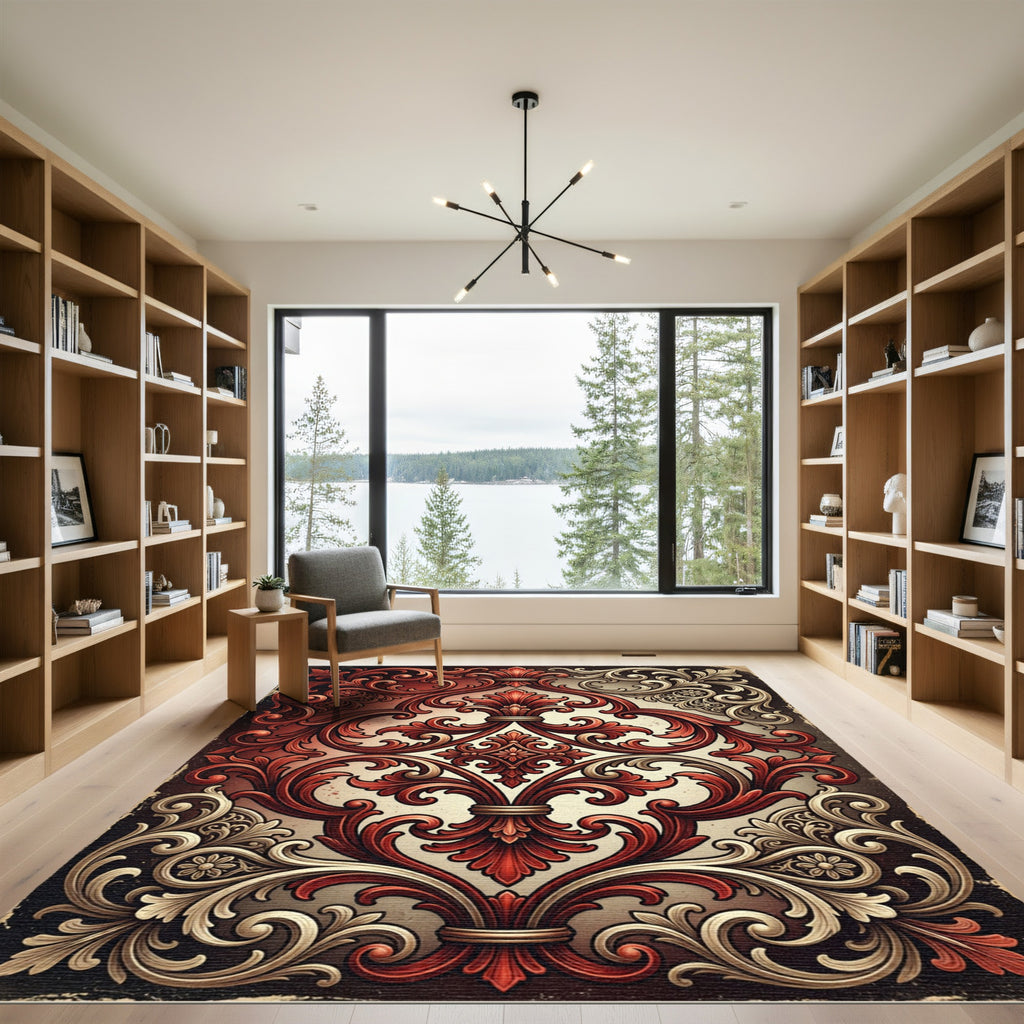 Ornate Crimson Cream Damask Scrollwork Rug