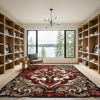 Ornate Crimson Cream Damask Scrollwork Rug