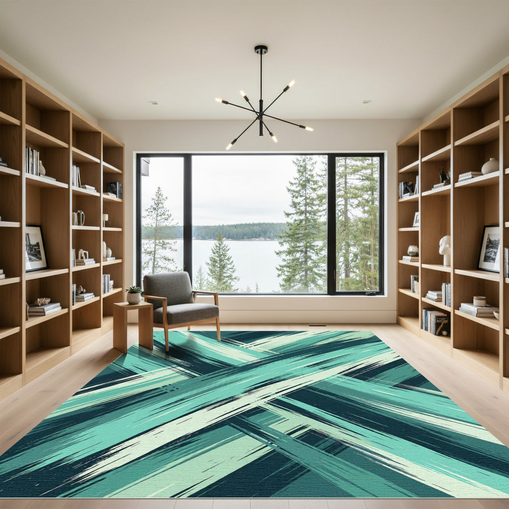 Deep Teal Brushstroke Diagonal Overlay Rug
