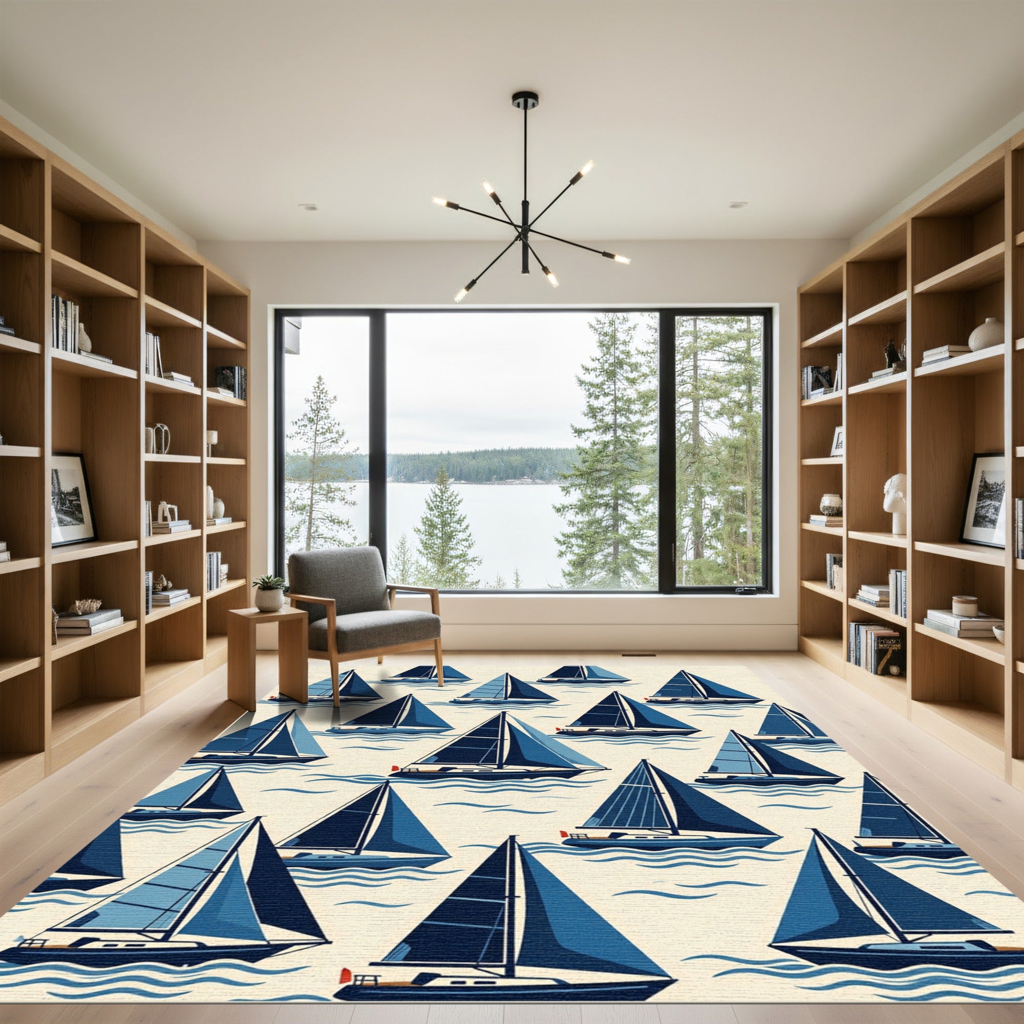 Navy Blue Sailing Boat Nautical Sketch Rug