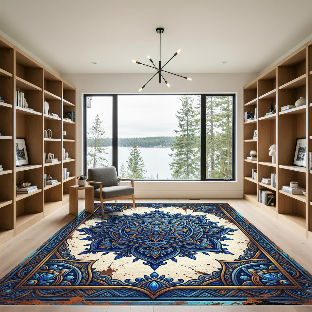 Ornate Royal Blue Gold Sacred Mandala Rug