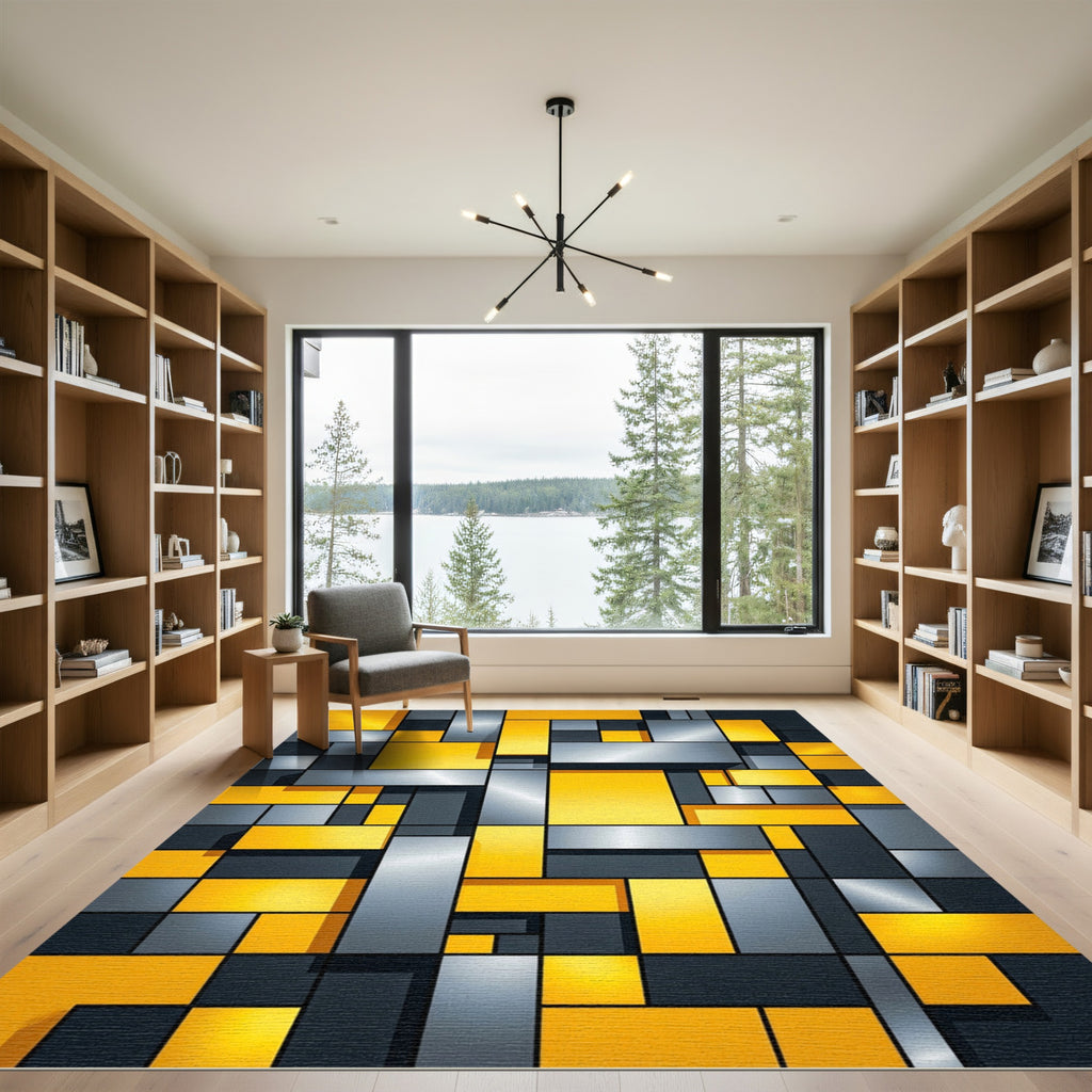 Bold Geometric Yellow and Charcoal Blocks Rug