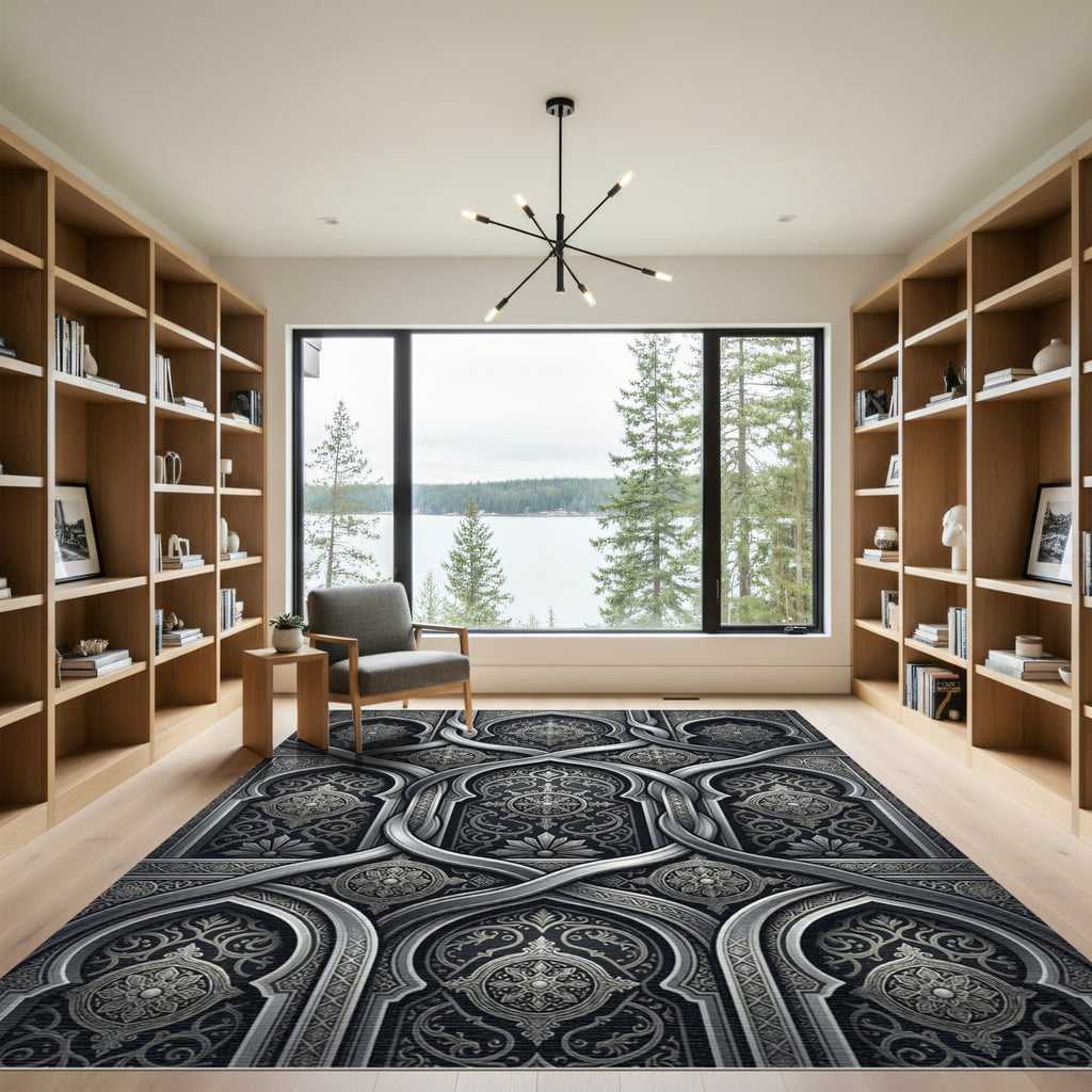 Elaborate Gray Arabesque Arch Rug