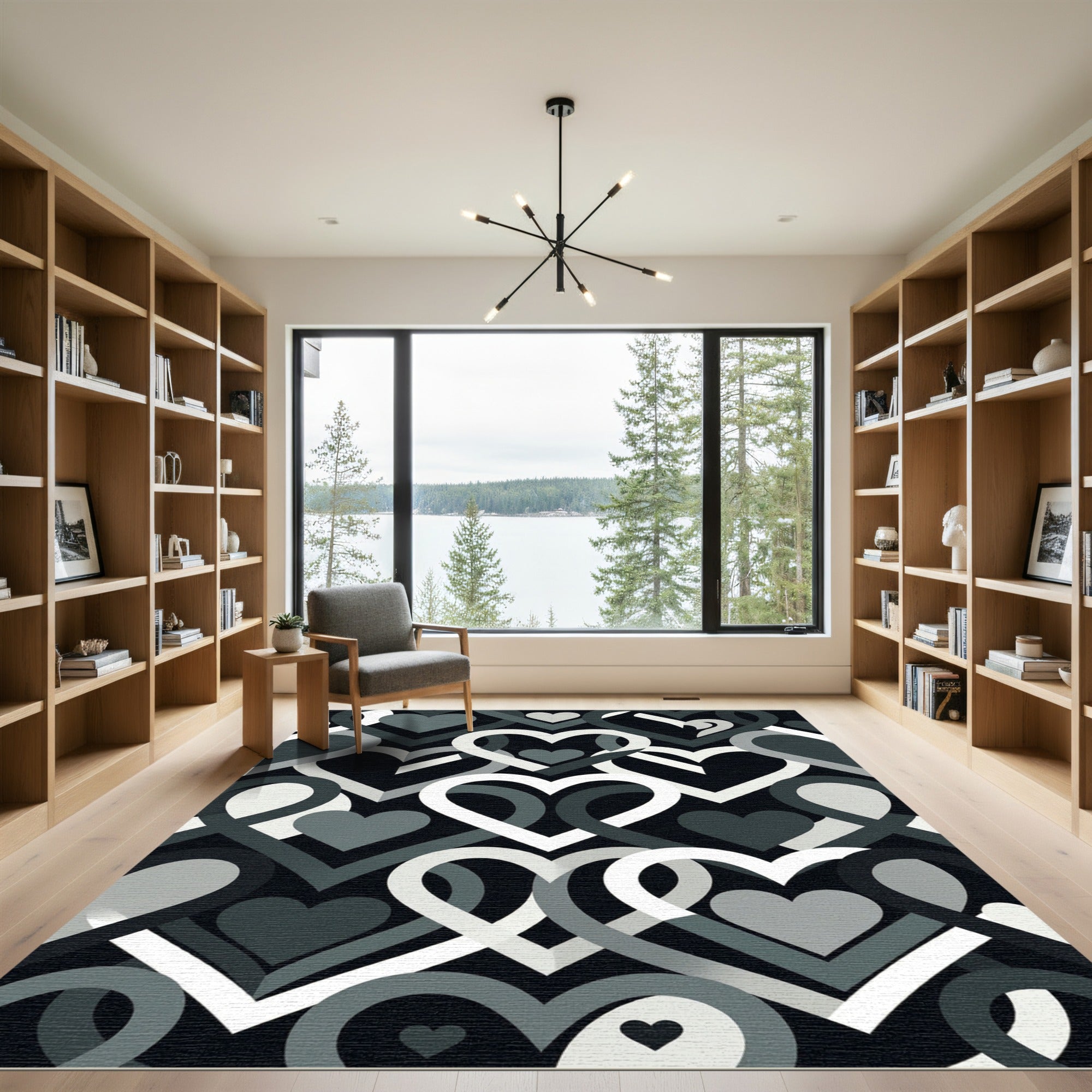 Modern Interlocking Monochrome Heart Grid Rug