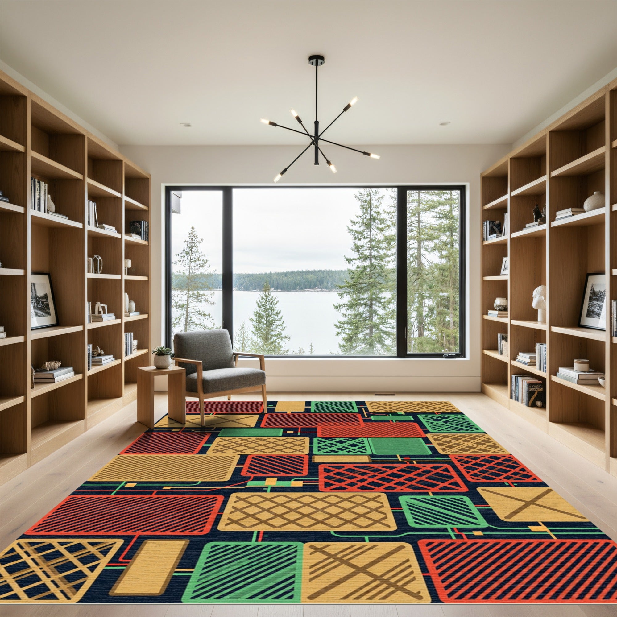 Mid-Century Modern Geometric Multicolored Grid Rug