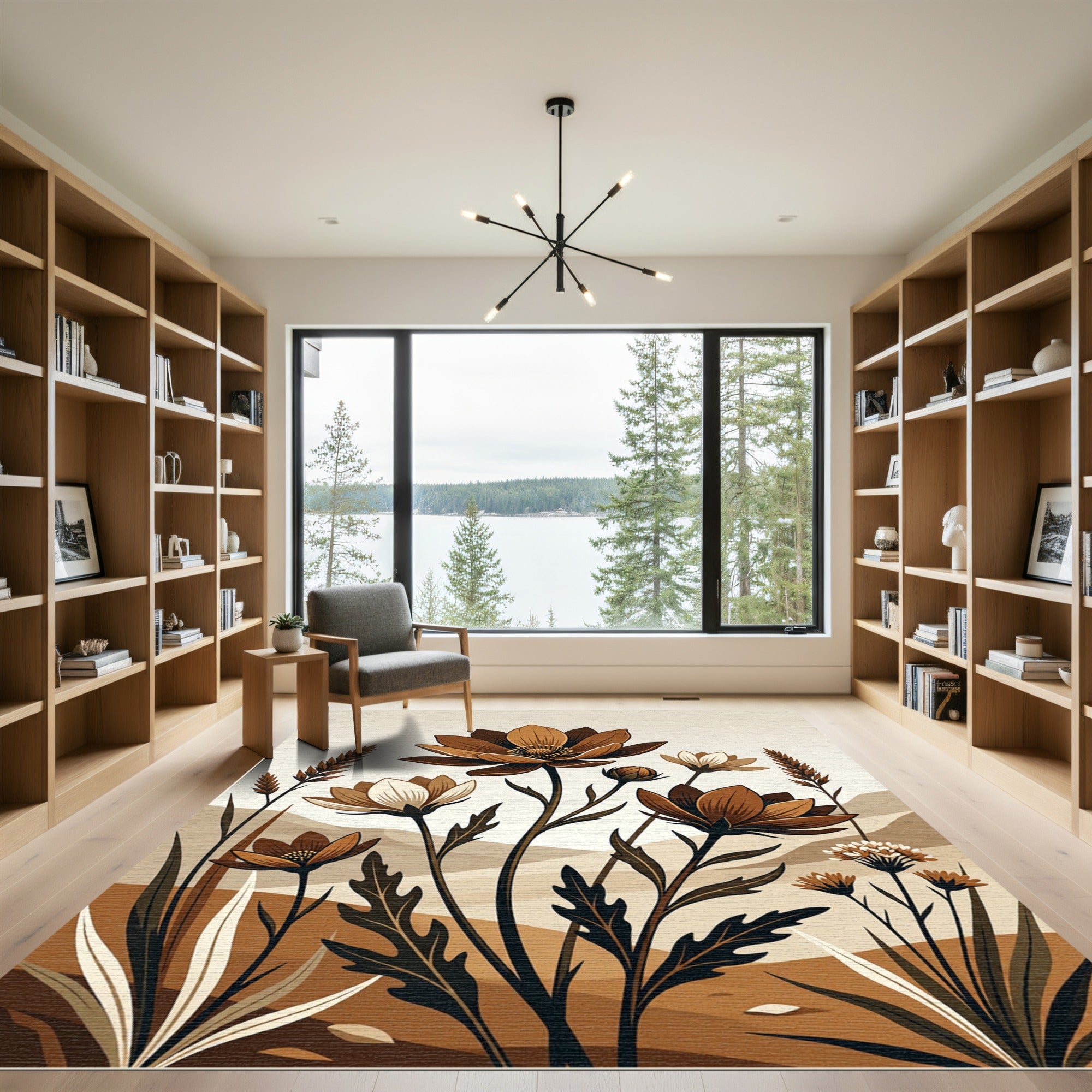 Earthy Neutral Botanical Wildflower Illustration Rug