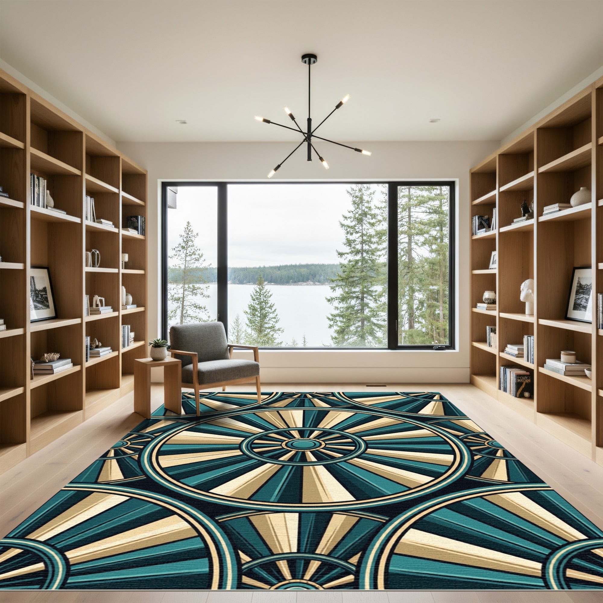 Teal Gold Radial Sunburst Medallion Rug